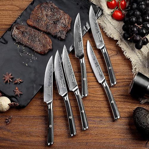 Miniatura 6 de Sunnecko Damasco - Juego de 6 cuchillos para carne de acero inoxidable VG10 japoneses, no dentados, aptos para lavavajillas, cuchillos de carne de 5