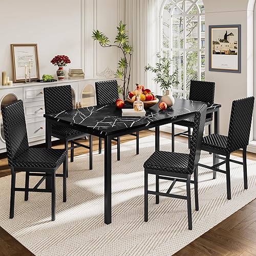 Vista 9 de Recaceik Juego de mesa de comedor de 7 piezas para 6 personas con sillas de espuma de terciopelo, juego de mesa de comedor de cocina de mármol
