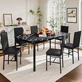 Recaceik Dining Table Set for 6&comma; Faux Marble 7 Piece Dining Table Set with Chairs&comma; Kitchen Table Set with PU Leather Dining Chairs for Small Space & Breakfast Nook&comma; Black
