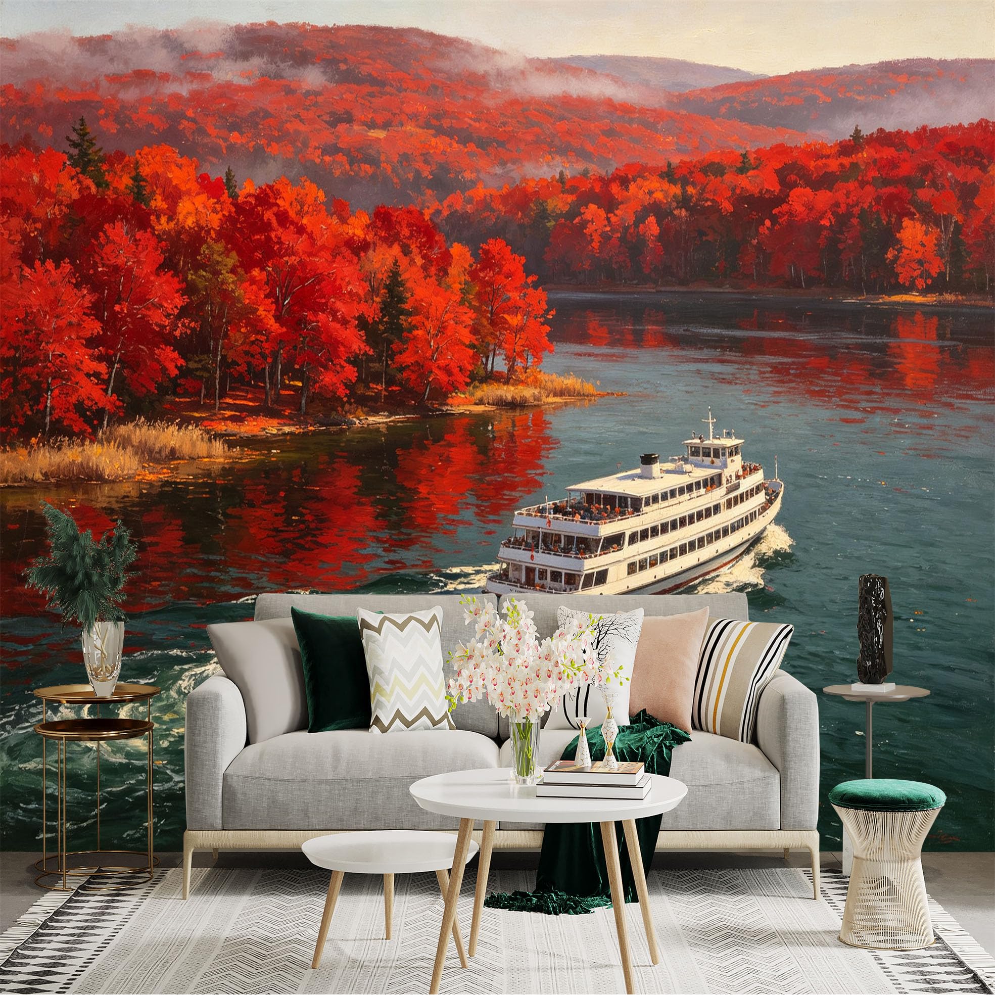 Custom Size Wall Sticker Mural， Passenger Ship on Lake， Autumn Red Maple Forest， Scenic Nature Landscape， for wall Decoration， peelandstick wall Decals.