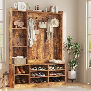 Nosepen Hall Tree with Bench and Shoe Storage, 5-in-1 Entryway Storage Bench, Shoe Rack with Coat Rack, 8 Shoe Cubbies & 5 Coat Hooks, Adjustable Shelf, Rustic Brown