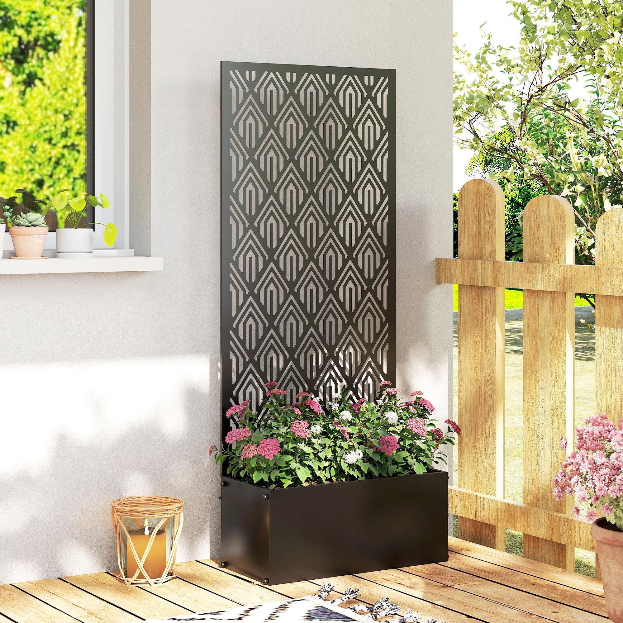 Outsunny Jardinière avec Treillis, bac à Fleurs, lit surélevé avec Brise-Vue, à Motif géométrique, pour Plantes grimpantes, légumes, Fleurs, métal, intérieur et extérieur, 45x21,5x110cm, Noir