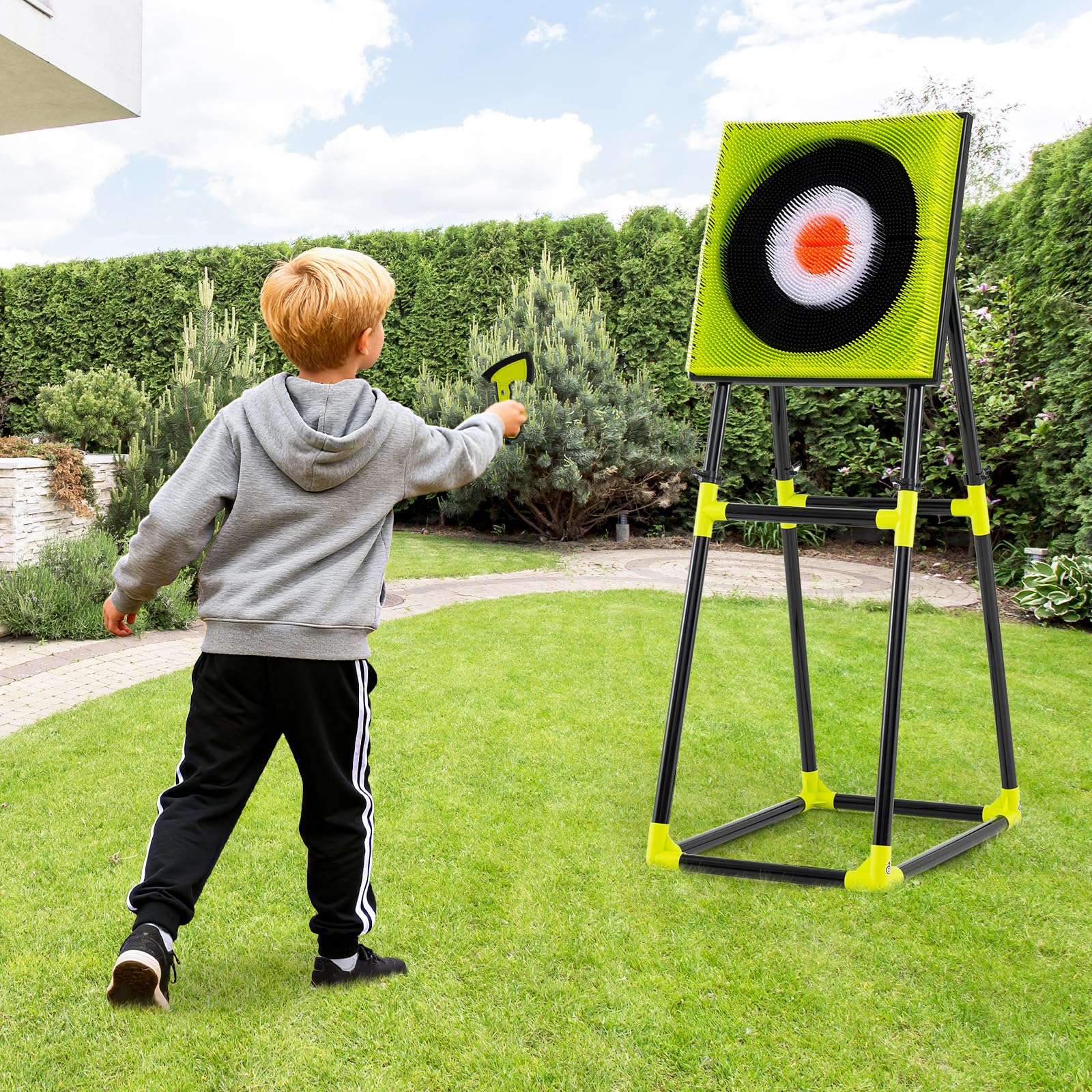 COSTWAY 4 in 1 Set di Arco e Frecce per Bambini | Set da Gioco con Asce da Lancio, Freccette , Freccia, Arco e Bersaglio, da Interno ed Esterno