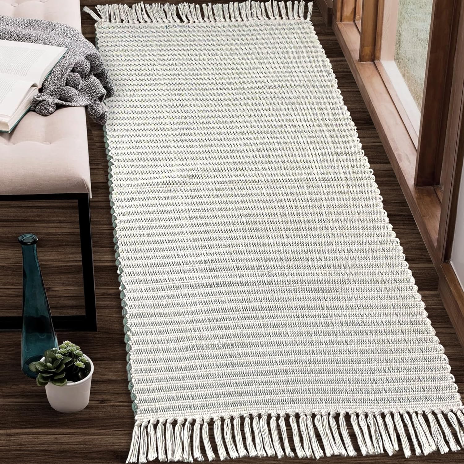 Chardin home Beige & Ivory Providence Runner 2.5x8 feet |Hand Woven Farmhouse Rug with Hand Knotted Fringes|Great in Kitchens entryways Hallways Bathrooms Meditation Yoga Mat|Reversible Cotton Rug
