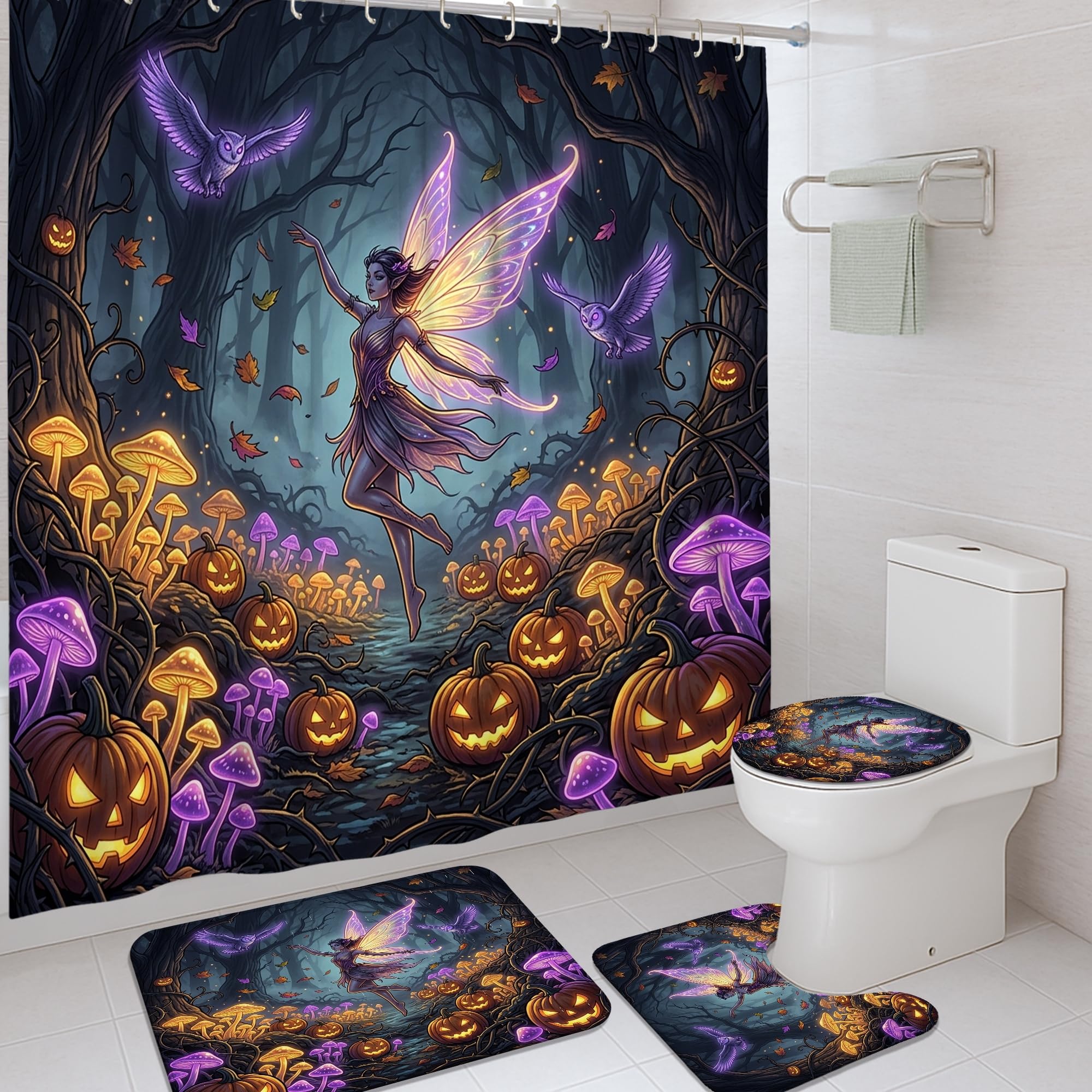 Rideau de douche violet Halloween citrouilles et tapis de bain 183x183cm