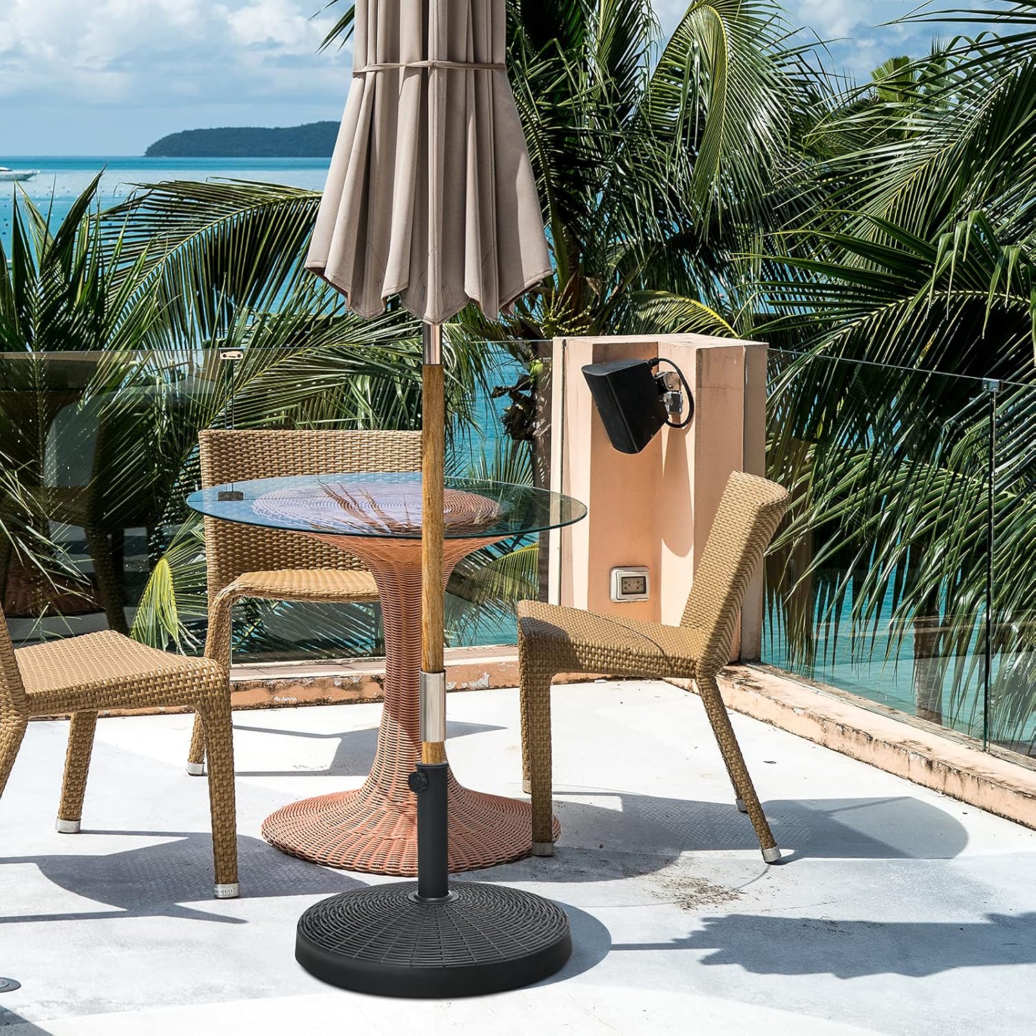 Tangkula 49 LBS Patio Umbrella Base, 20.5 Inch Outdoor Umbrella Stand W/Rattan Design, Adjustable Knob, Round Umbrella Holder for Backyard, Market Entrance, Poolside