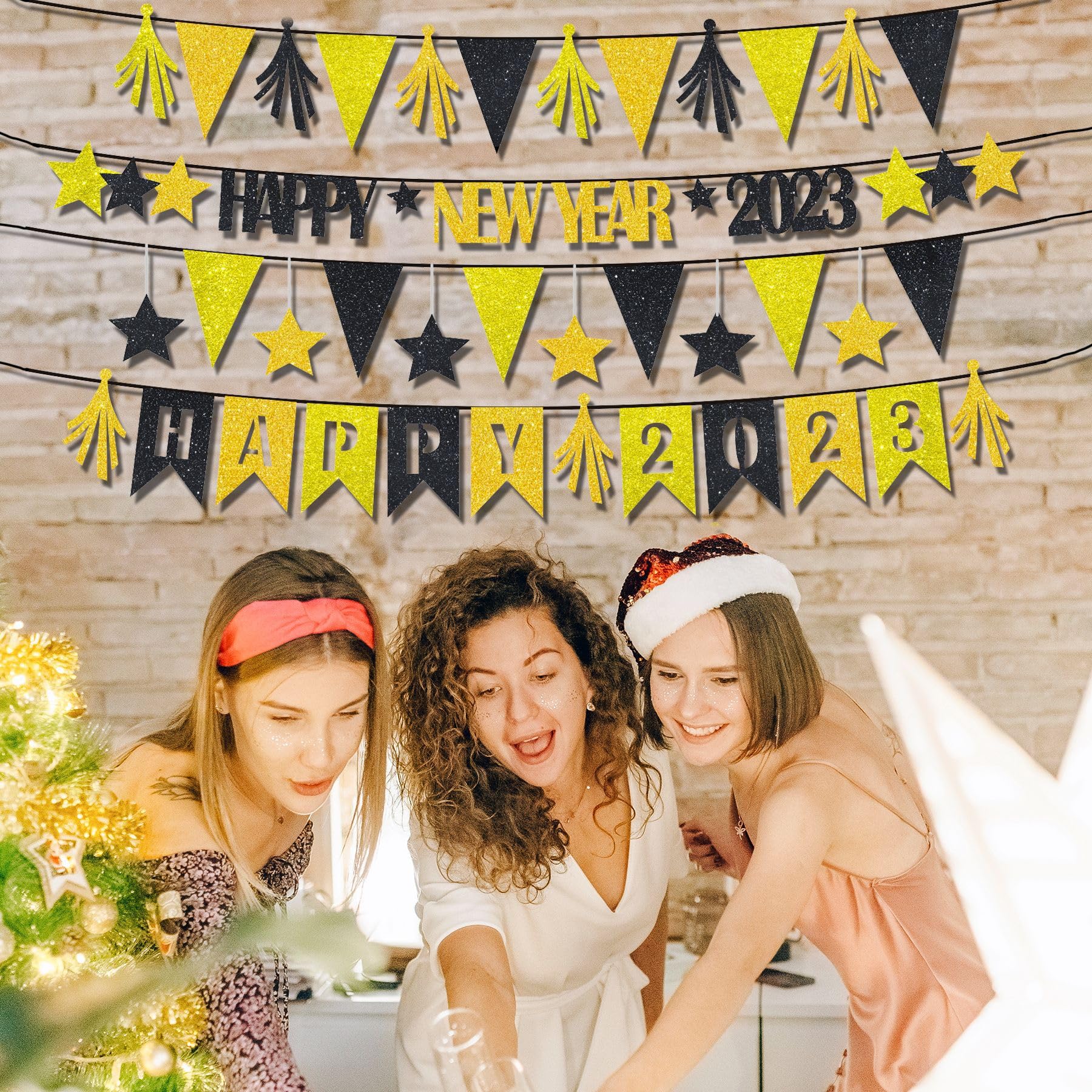 Silvester Party Deko Happy New Year Girlande Banner Gold Schwarz Buchstaben Stern Feuerwerk Glitzer Hängedeko Frohes neues Jahr Wimpelkette 2025 Neujahrsparty Dekor Zubehör für Wand Decken Türen