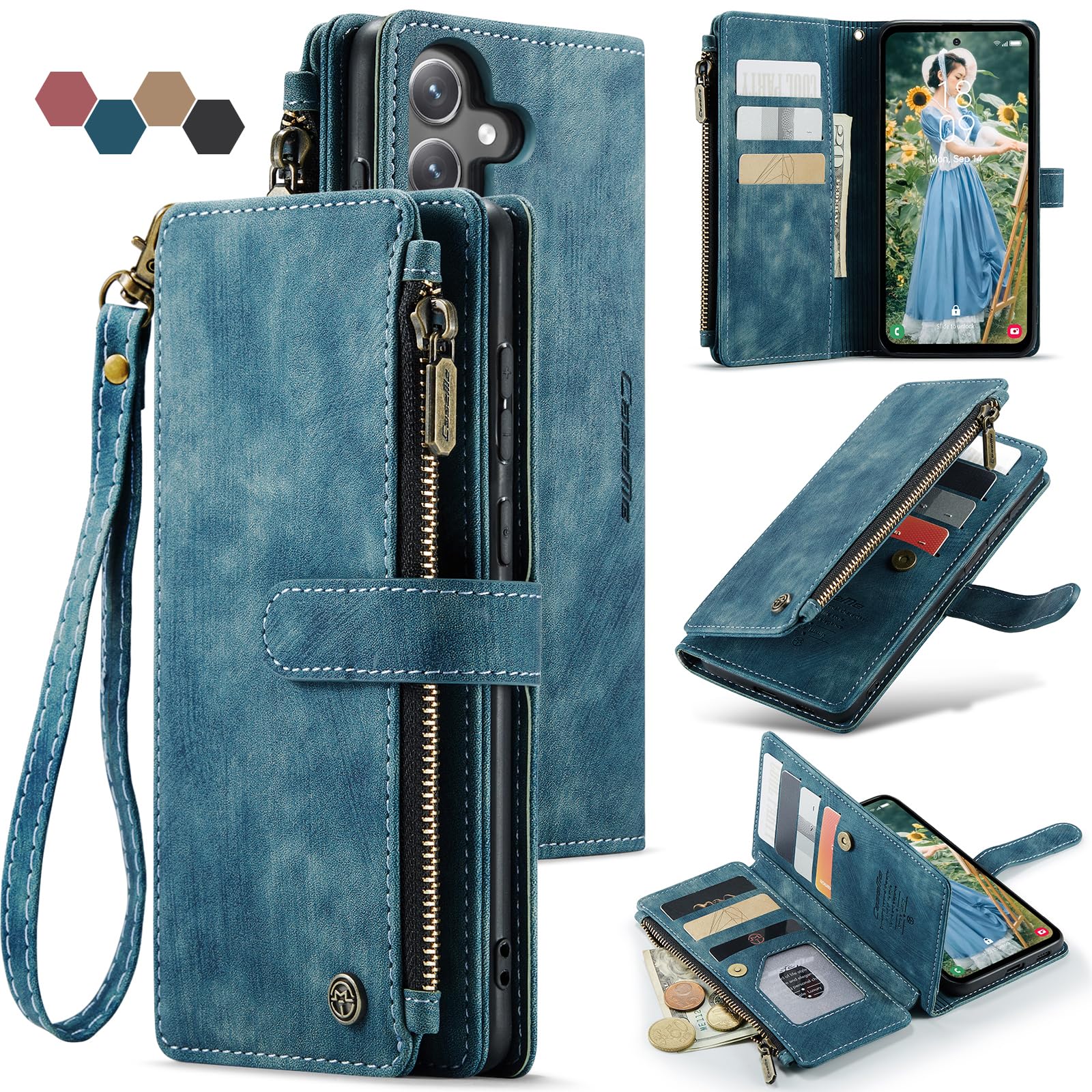 Lxisxcna Samsung Galaxy S24 FE 5G Wallet Case with Card Holder Kickstand Magnetic Zipper Pocket Lanyard Strap Wristlet,Leather Flip Case Wallet for