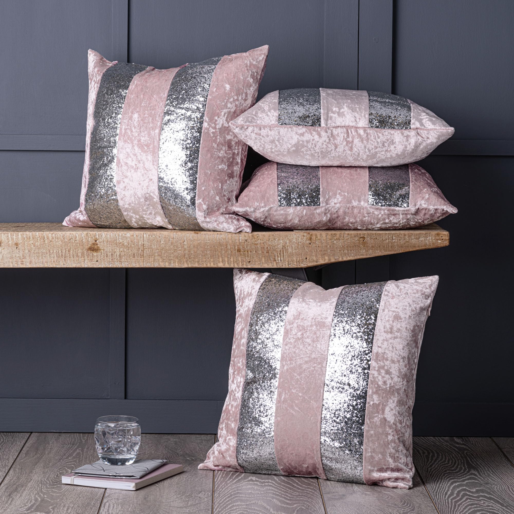 Red Rainbow Set of 4 Crushed Velvet and Silver Glitter Stripe 22 inch Cushion Covers (Pink, 22 inch x 22 Inch)