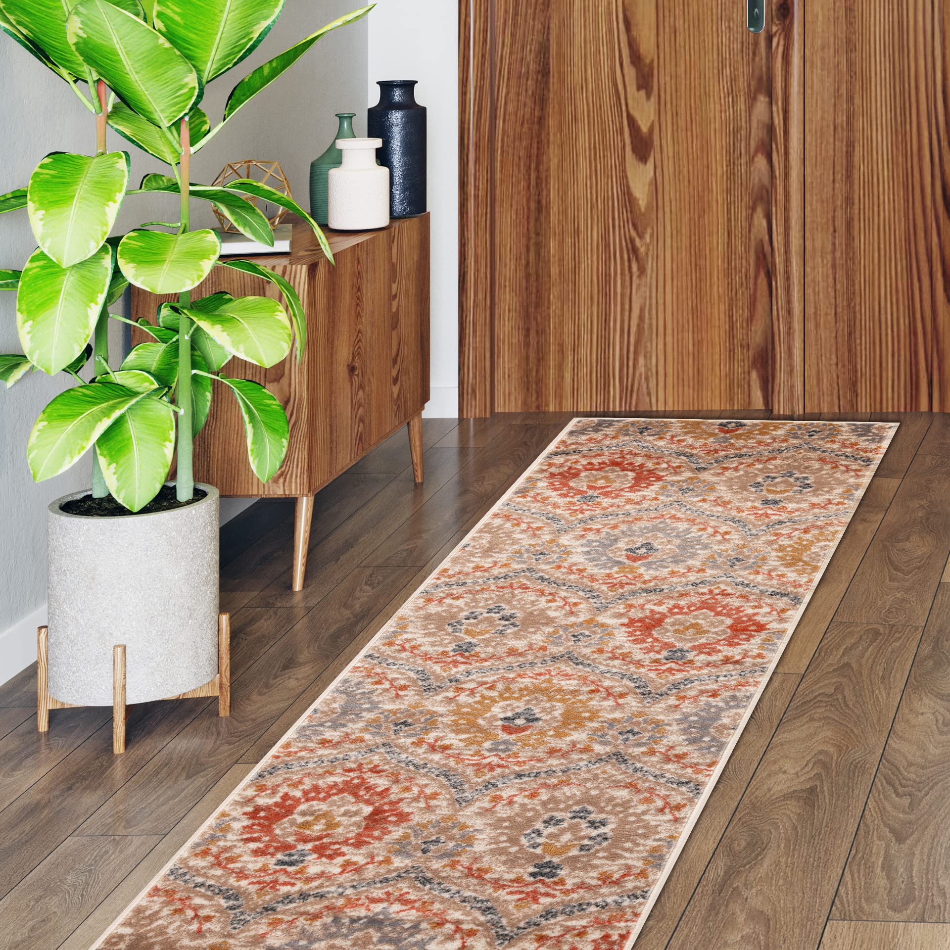 Superior Indoor Area Rug, Jute Backed, Modern Oriental Floral Damask Floor Decor for Office, Living Room, Bedroom, Entryway, Dining/Kitchen, Hardwood, Tile, Augusta Collection, 2' 7" x 8', Grey Red