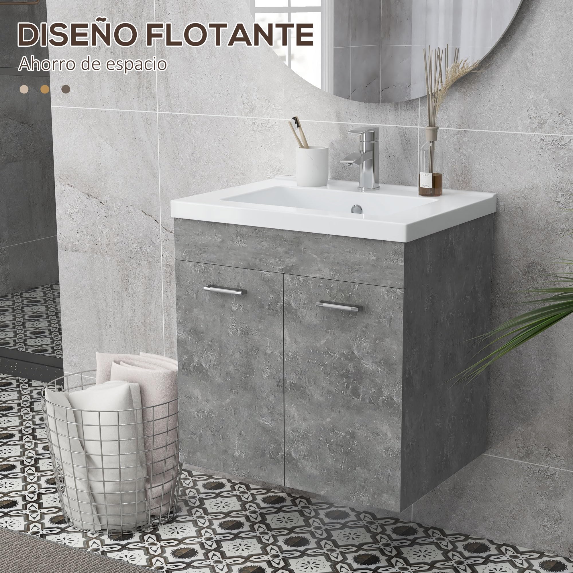kleankin Mueble de Baño con Lavabo Cerámico de Pared 60x45,5x60 cm Gris | Armario Bajo de Lavabo, 2 Puertas, Estante Ajustable, Acabado Melamina