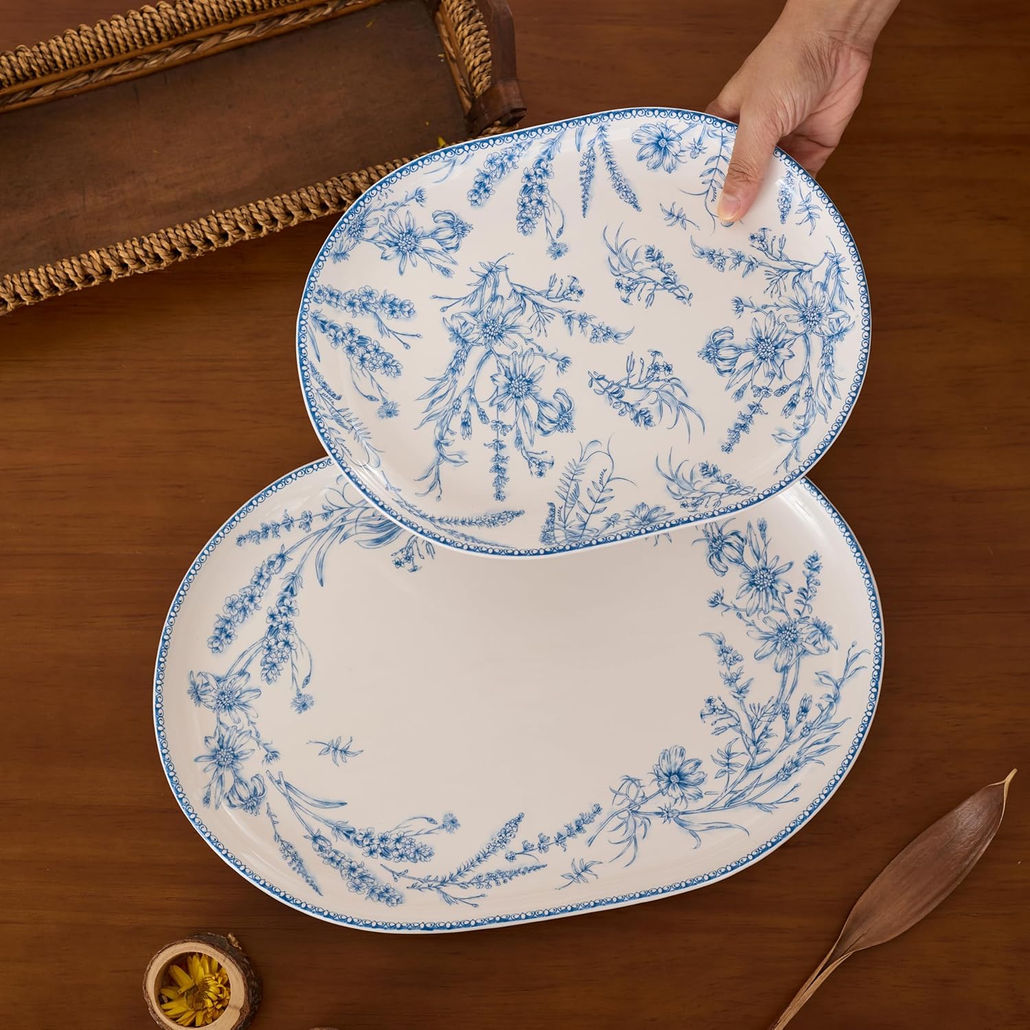 Bico Blue Garden Toile De Jouy 16 plus 12 inch Oval Platters Set, Set of 2, Microwave and Dishwasher Safe, for Serving Fish, Chicken, Turkey