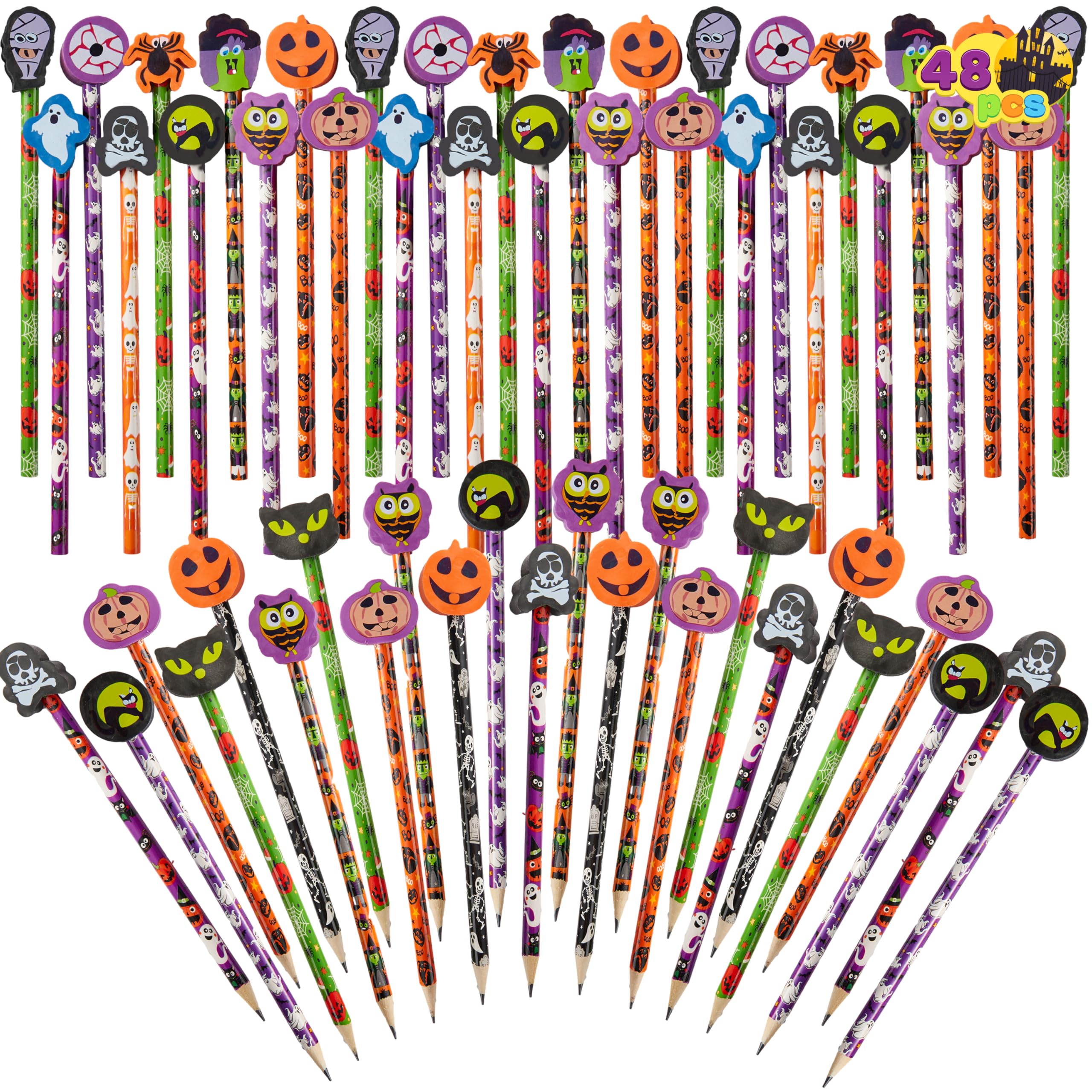 JOYIN Lot de 48 crayons d'Halloween avec gommes, assortiment de 48 crayons de couleur pour enfants en 6 motifs, 48 gommes géantes en 12 styles, fournitures de fête d'Halloween