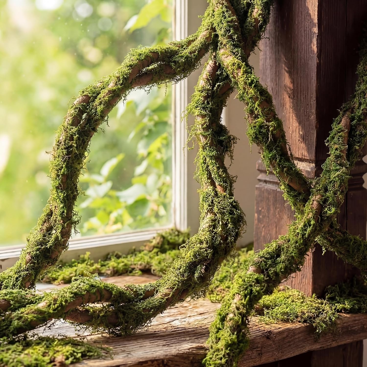 Janinka 2 Pcs 118in Large Bendable Artificial Tree Branches with Moss Enchanted Forest Decorations DIY Jungle Climber Vines Fake Moss Jungle Party Decor for Garden Landscape Reptile Habitat Decor