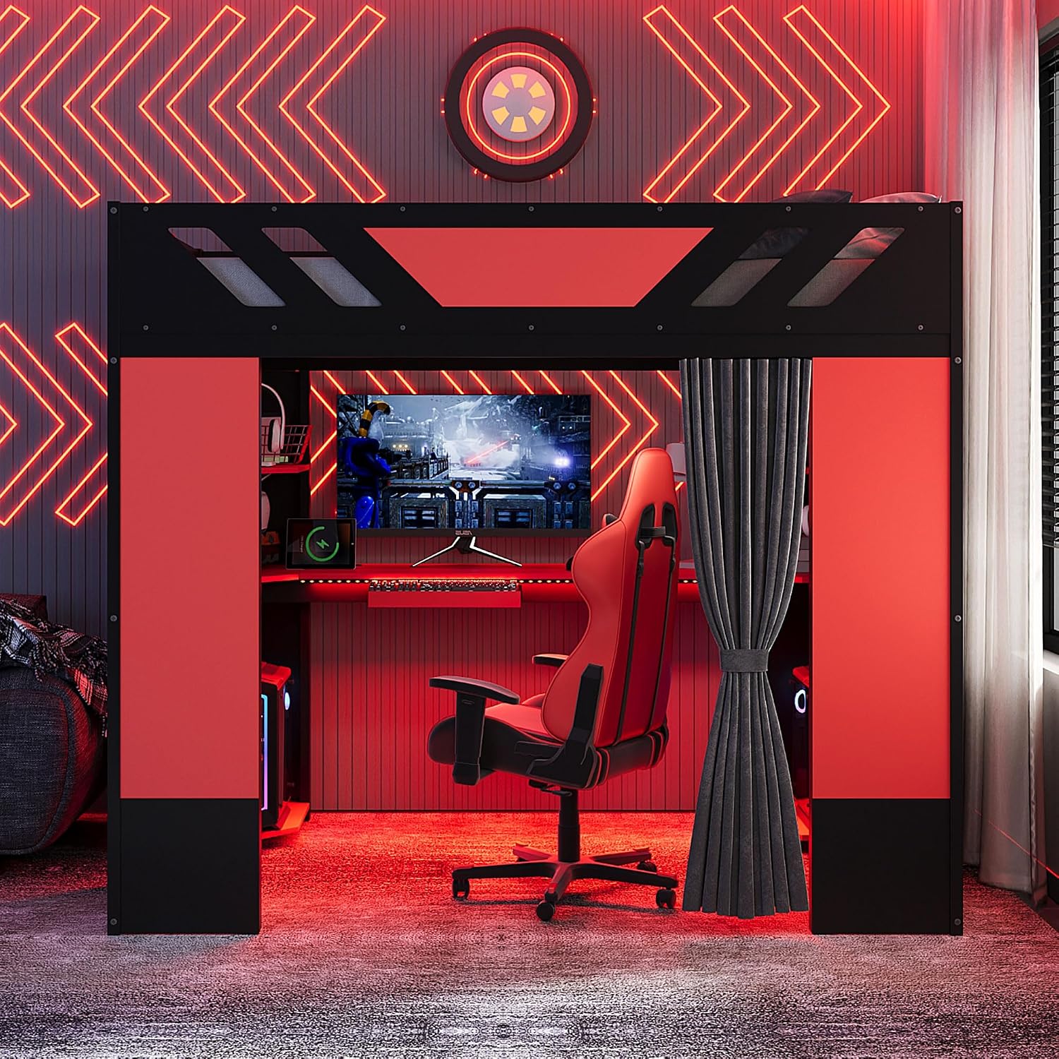 Full Size Gaming Wood Loft Bed with Workstation, Sturdy Loft Bed with Open Shelves,Blackout Curtains,and RGB Lights for Boys Teens Adults Bedroom Home Office (Red)