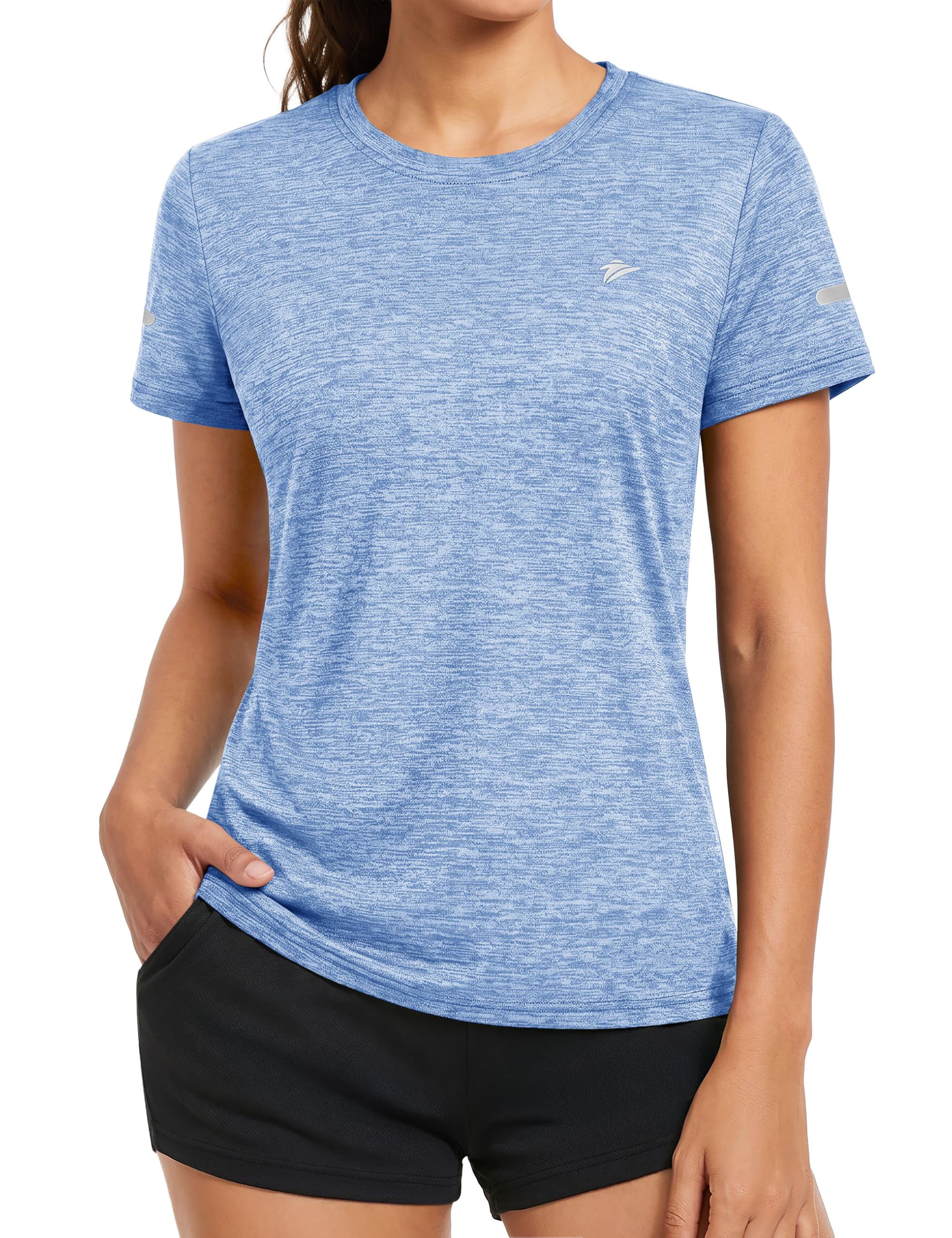 KEFITEVD Melange Sportshirt Damen Kurzarm mit Reflexstreifen Atmungsaktiv Stretch Funktionsshirt Rundhals Leicht Tshirt Schnelltrocknend Laufshirt Regular Fit