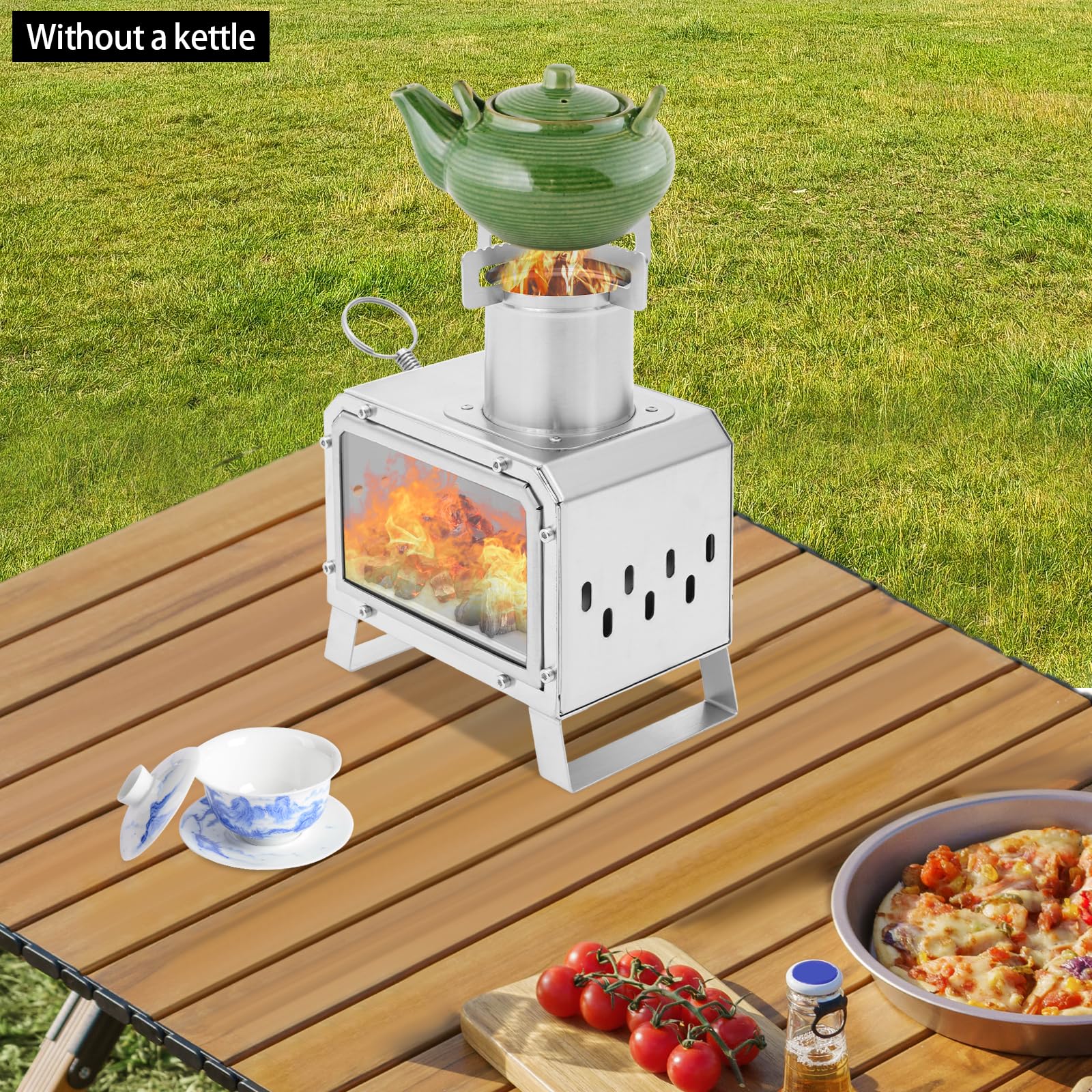 Fornello da campeggio in acciaio inox 201 con finestra in vetro, fornello da campeggio portatile per backpacking, fornello a legna da campeggio, per cucina all'aperto, escursionismo, barbecue, 25,9 x