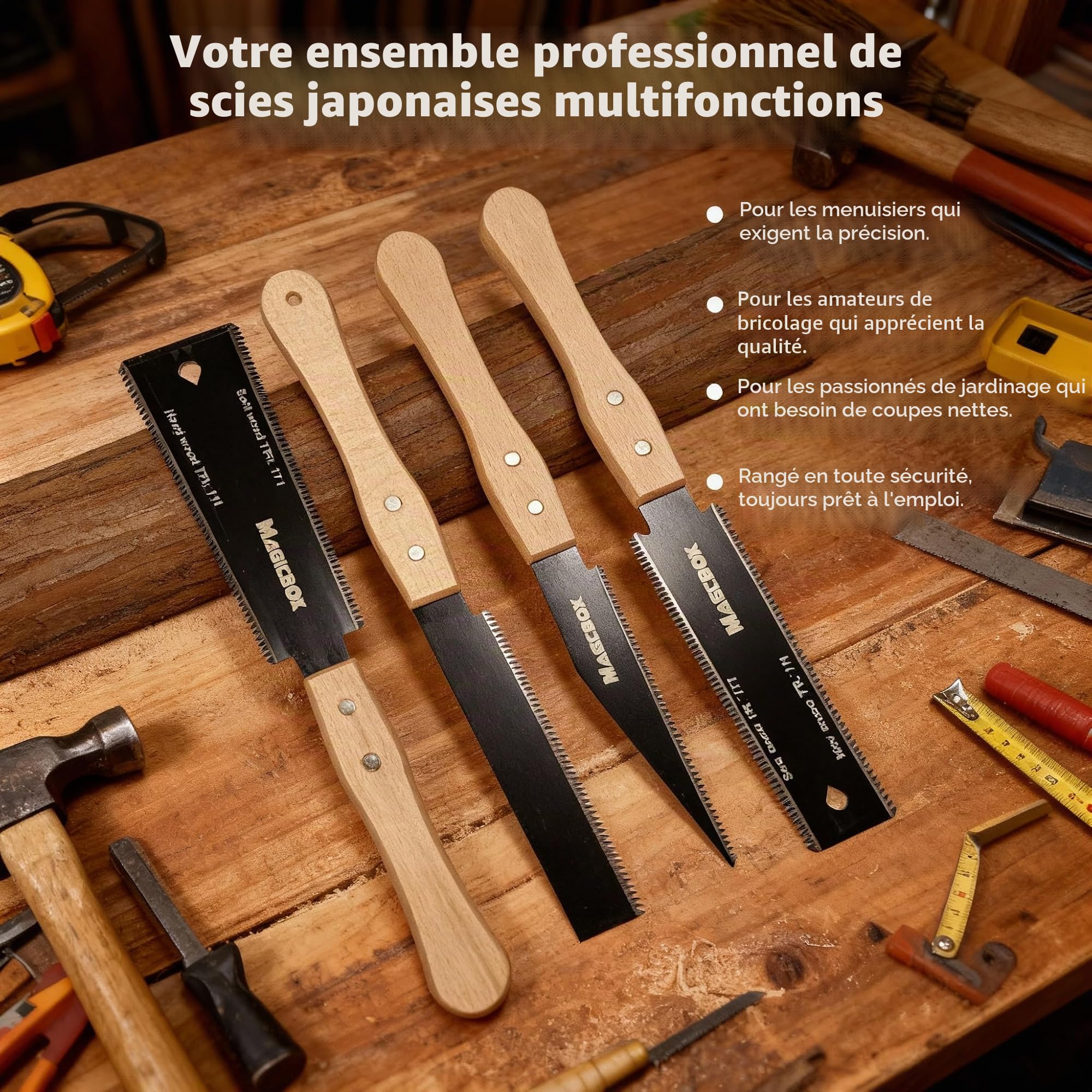 Magicbox Lot de 4 scies à main japonaises pour le travail du bois avec dents fines et poignée en bois, scies à double tranchant et à affleurer pour la coupe du bois de précision, les projets de