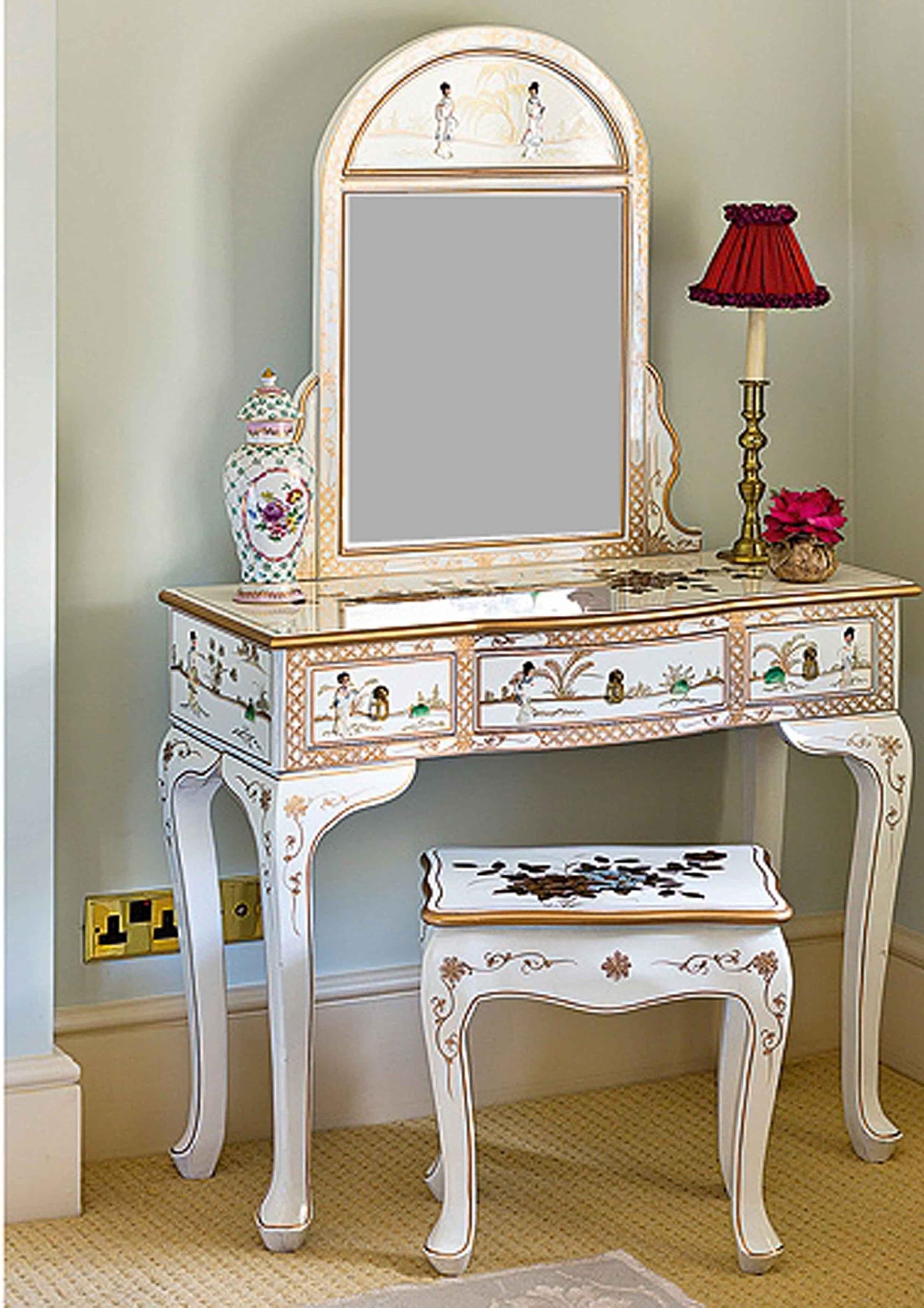 Oriental Chinese Furniture, White Lacquer Mother Of Pearl Dressing Table Set with Mirror & Stool