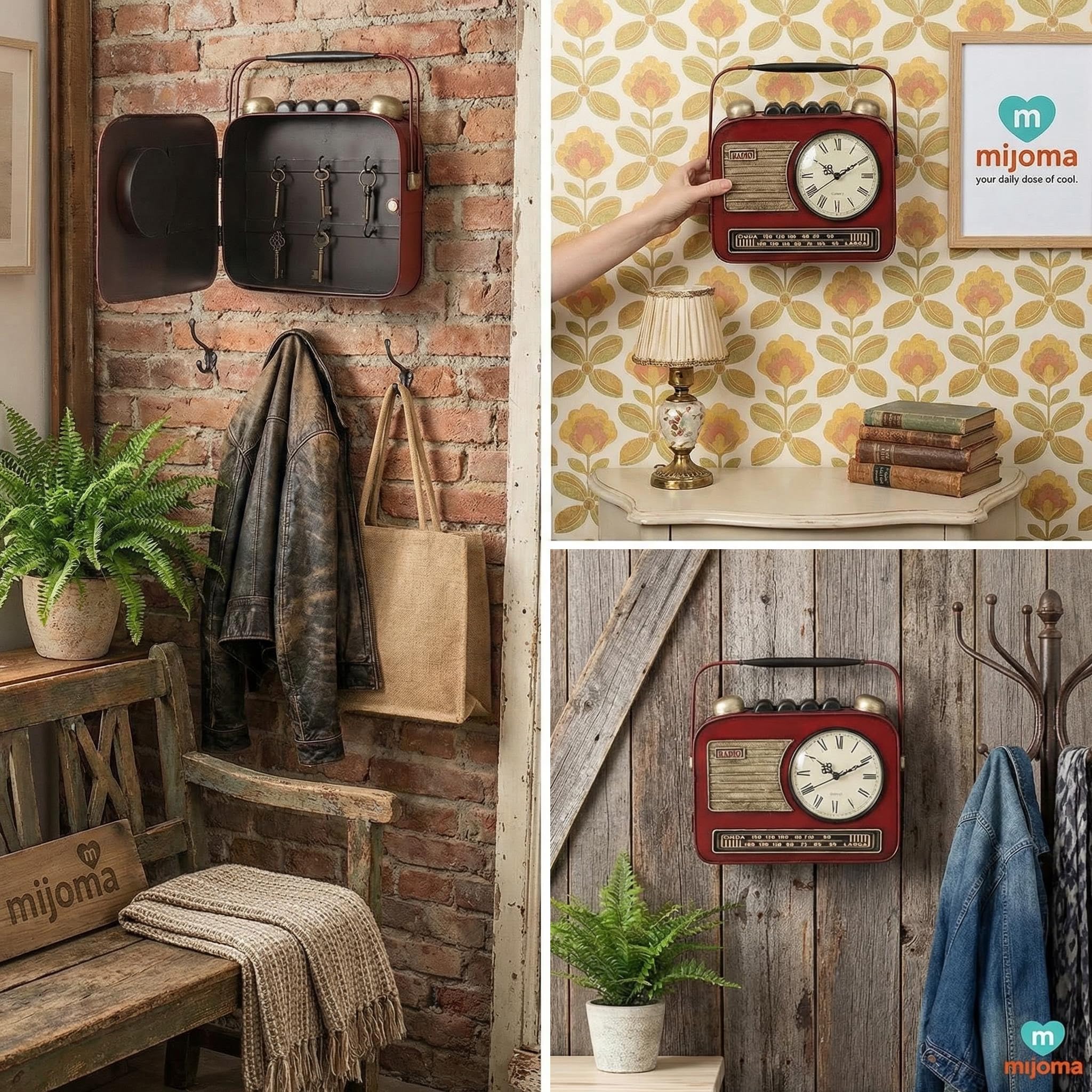MIJOMA Schlüsselkasten Retro-Radio mit Uhr 28x29x7 cm – Metall für Wandmontage – dekorative Aufbewahrung im Vintage Stil für Flur Eingangsbereich