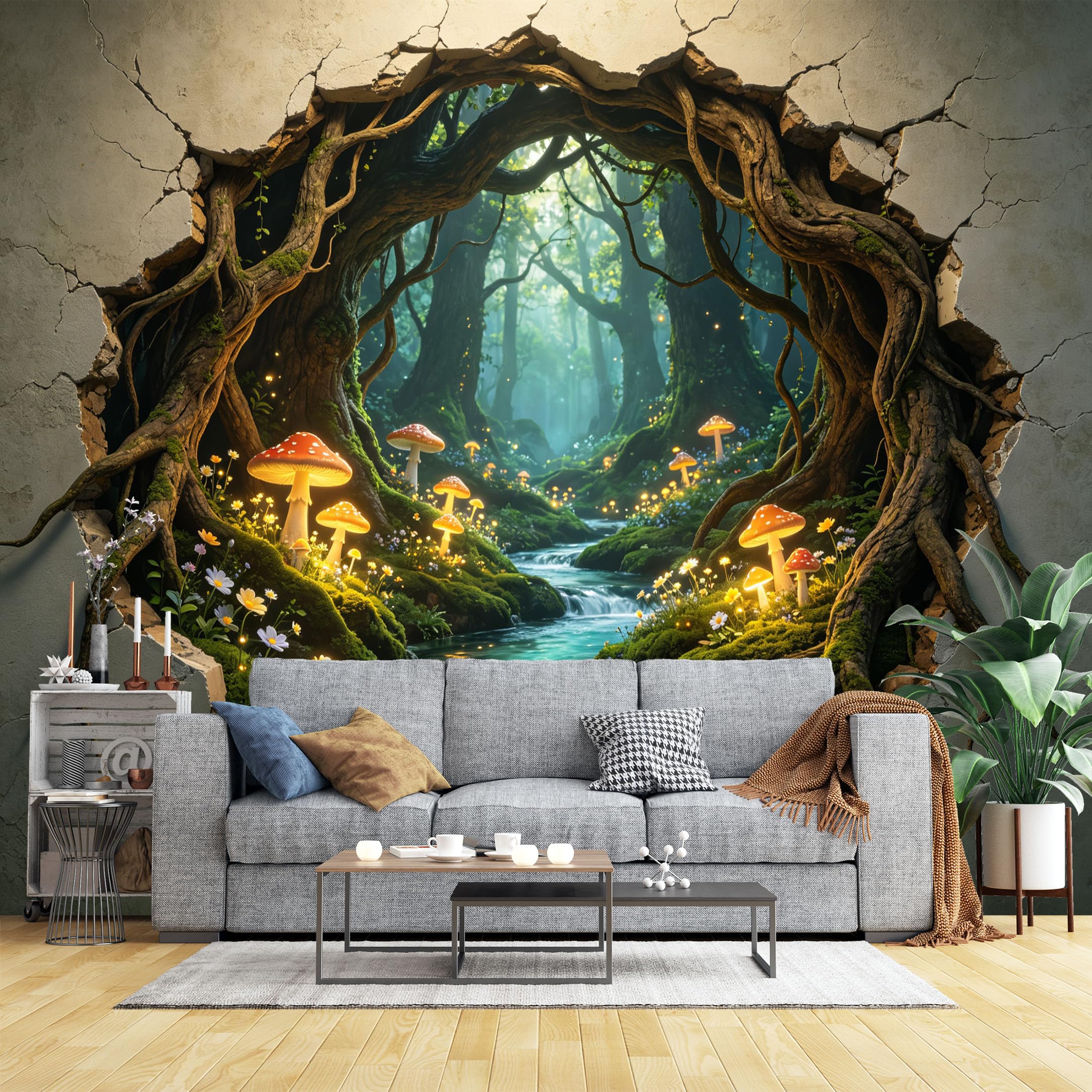 Custom Size Wall Murals Glowing Mushroom Forest Through Cracked Wall Wall Murals Enchanted Fantasy Wallpaper, Large Photo Wallpaper Self-Adhesive Removable Wallpaper for Bedroom