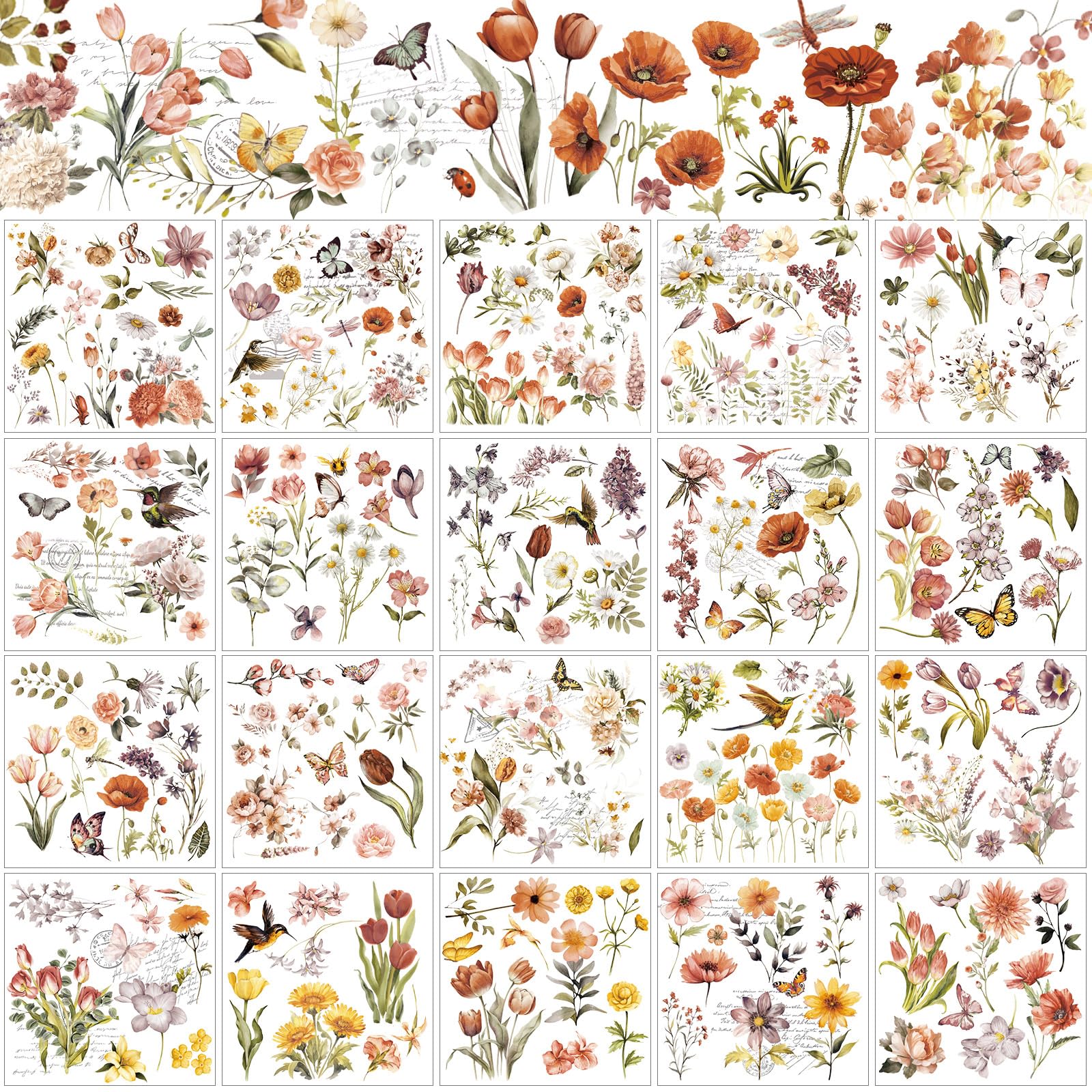 25 Sheets Vintage Flower Rub on Transfer for Crafts Wildflower Furniture Rub on Transfer Stickers Decals for Wood DIY Crafts Home Office School Wood Decor,5.9" x 5.9"