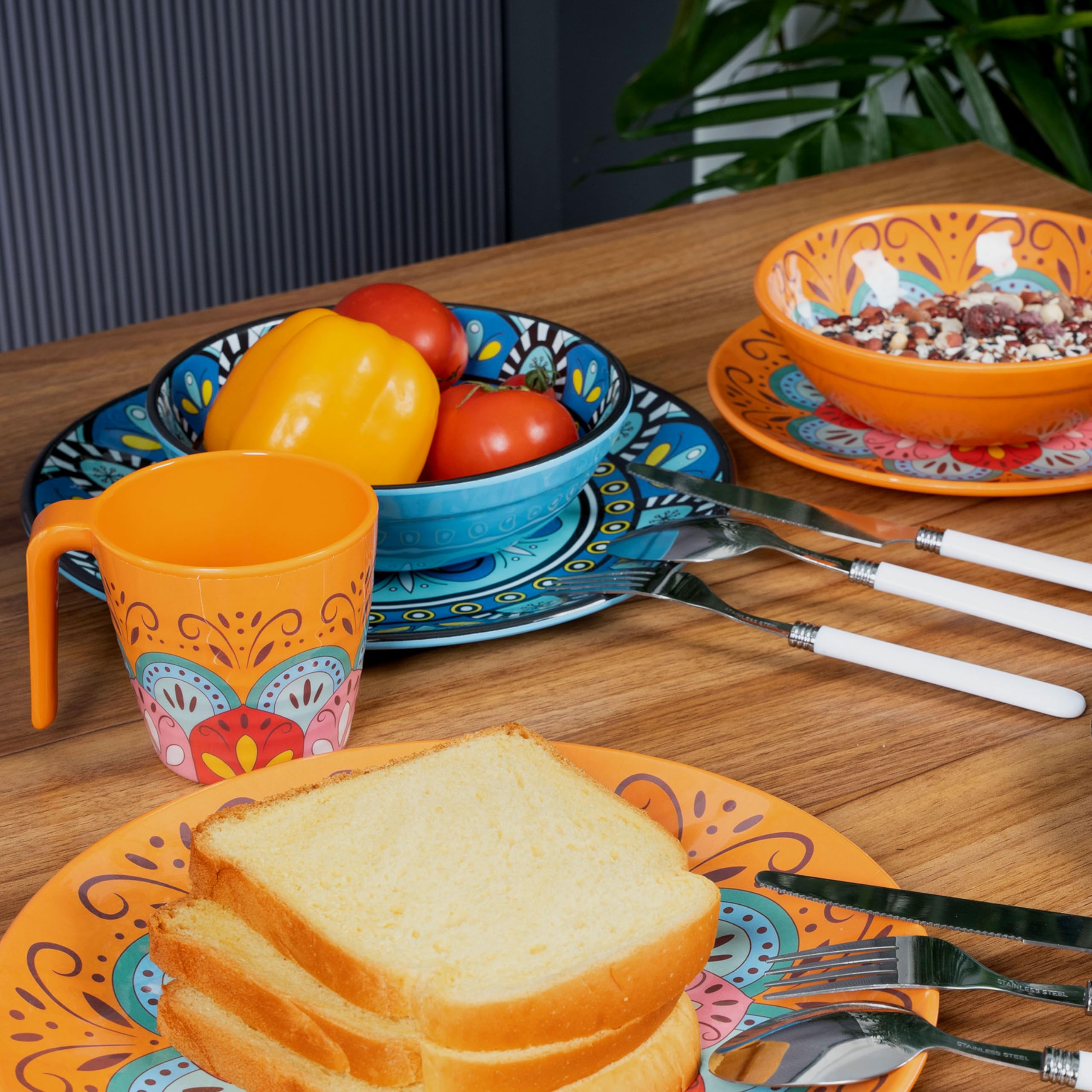 Melamin Geschirr Set Toskana Pastel für 4 Personen Mandala-Optik Spülmaschinengeeignet