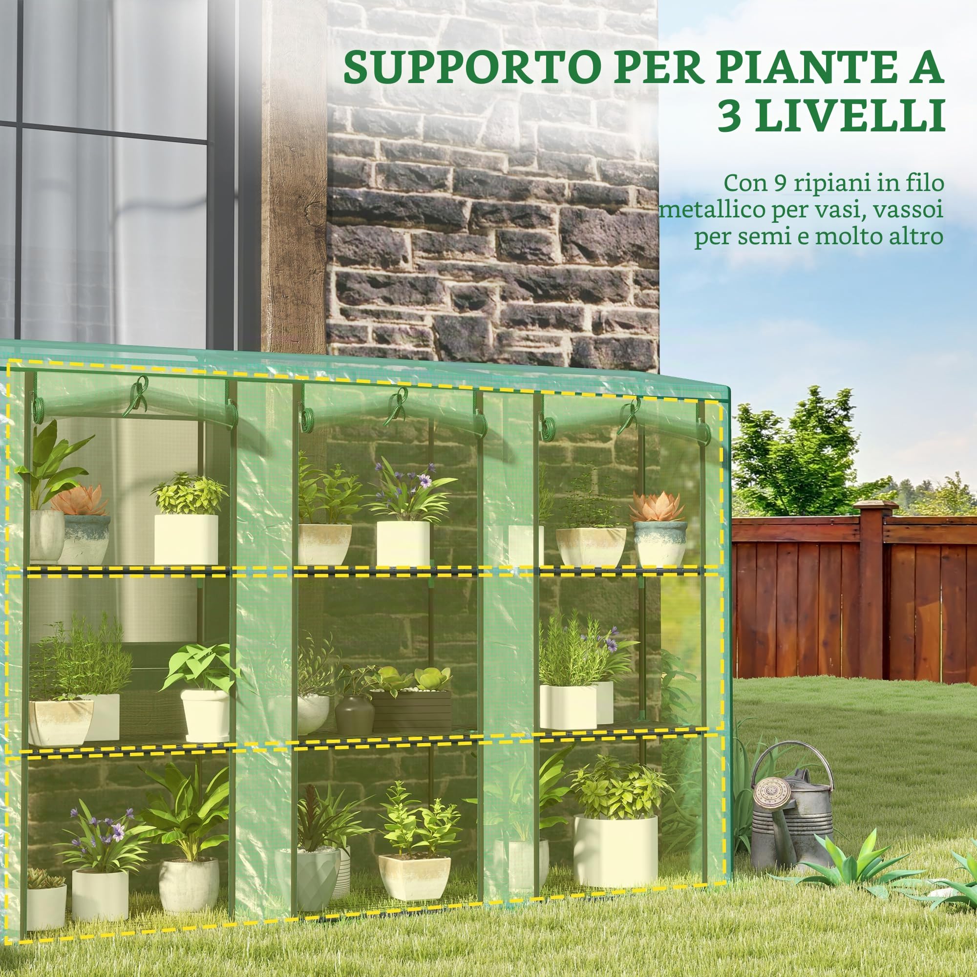 Outsunny Serra mini appoggiata Copertura in PE 215x46x151 cm Verde | Rinforzata, portatile, serra da interno/esterno, 3 porte a rotolo, 3 piani 9 mensole in filo