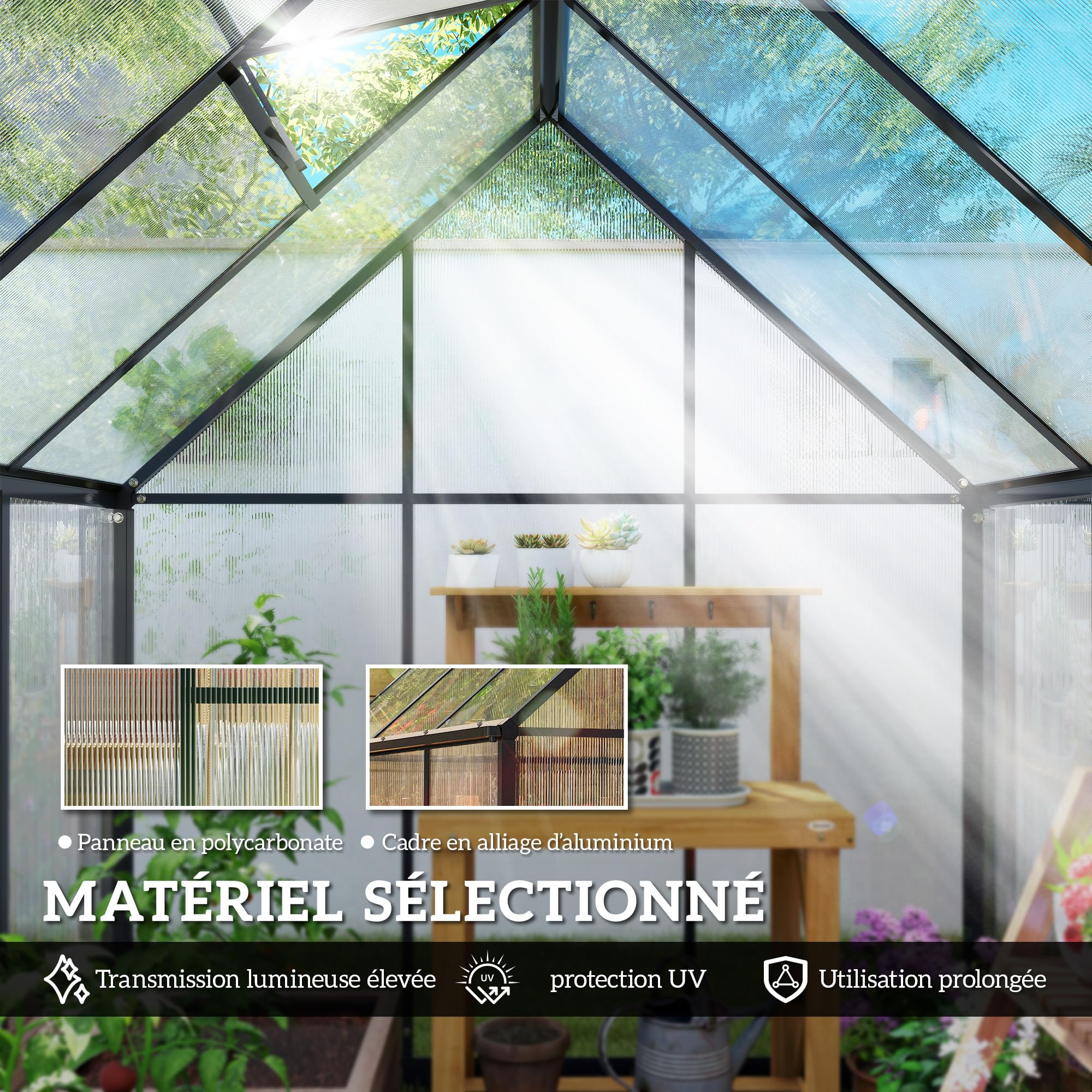 Outsunny Serre de Jardin en Aluminium Polycarbonate 3 ㎡ 178x168cm, Serre avec fenêtre réglable Porte battante, abri extérieur résistant aux intempéries pour Plante Fleur Potager semis, Transparent