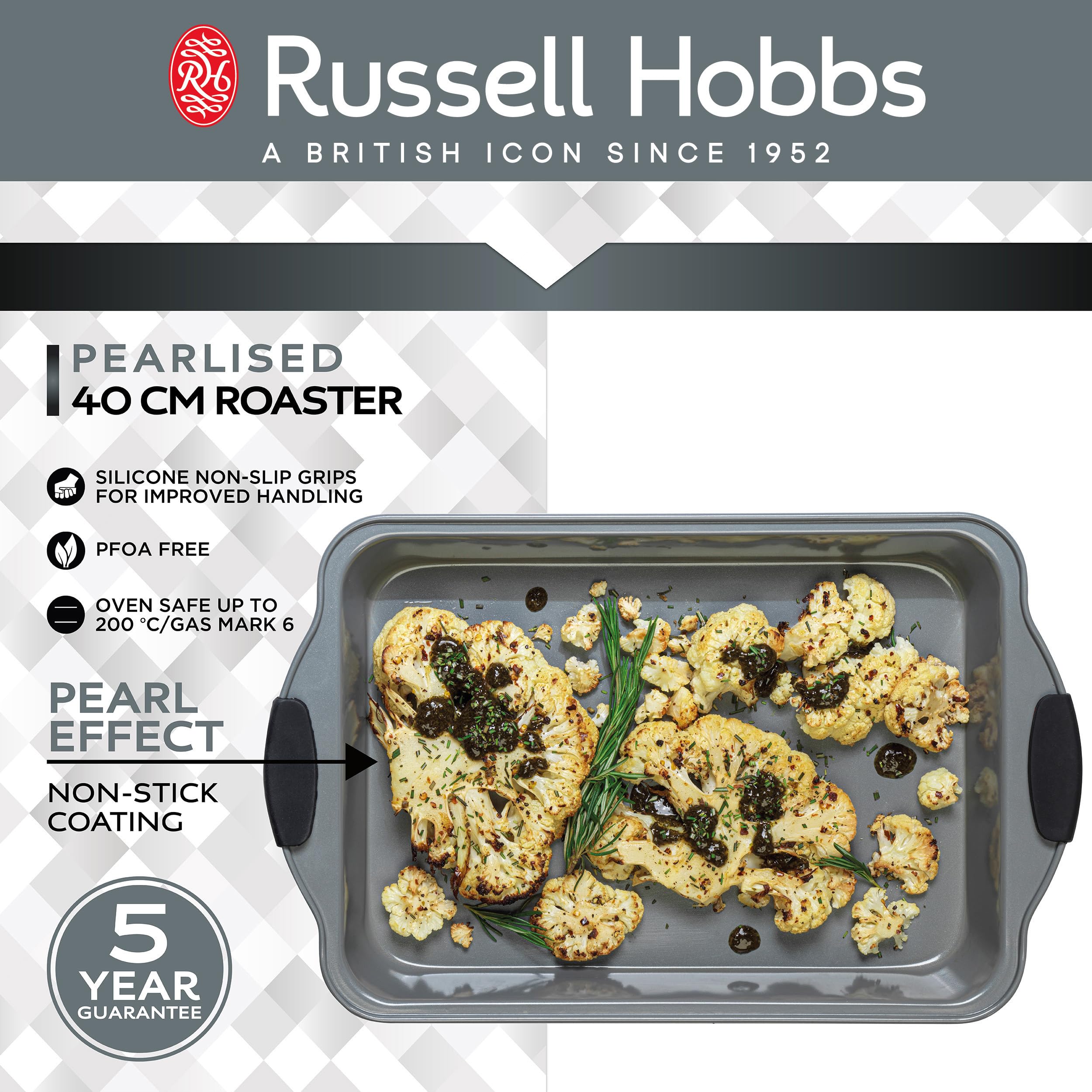 Russell Hobbs Pearlised Plat de Cuisson Rectangulaire 40cm, Plat à Four Avec Poignées Antidérapantes en Silicone, Plat Rôtissoire Anti-Adhésif en Acier Carbone, Sans PFOA, Passe au Four Jusqu'à 200°C