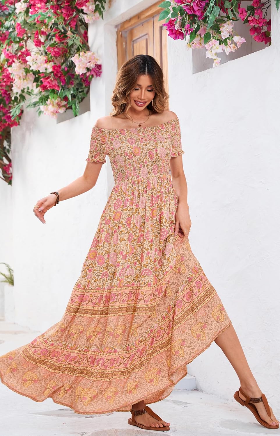 R.Vivimos Women's Summer Maxi Off-Shoulder Dresses Short Sleeve Empire Waist Boho Floral Print Casual Smocked Flowy Dresses - Image 4