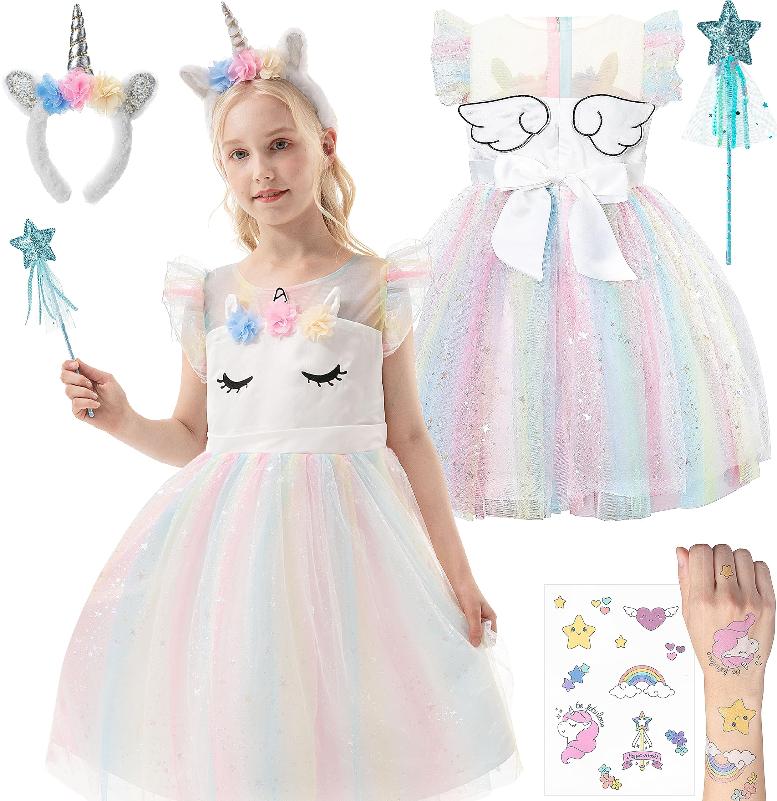 corimori Bequemes Einhorn Kleid für Mädchen mit Flügeln, Haarreif, Glitzer Zauberstab und Tattoos | Einhorn Kostüm Kinder