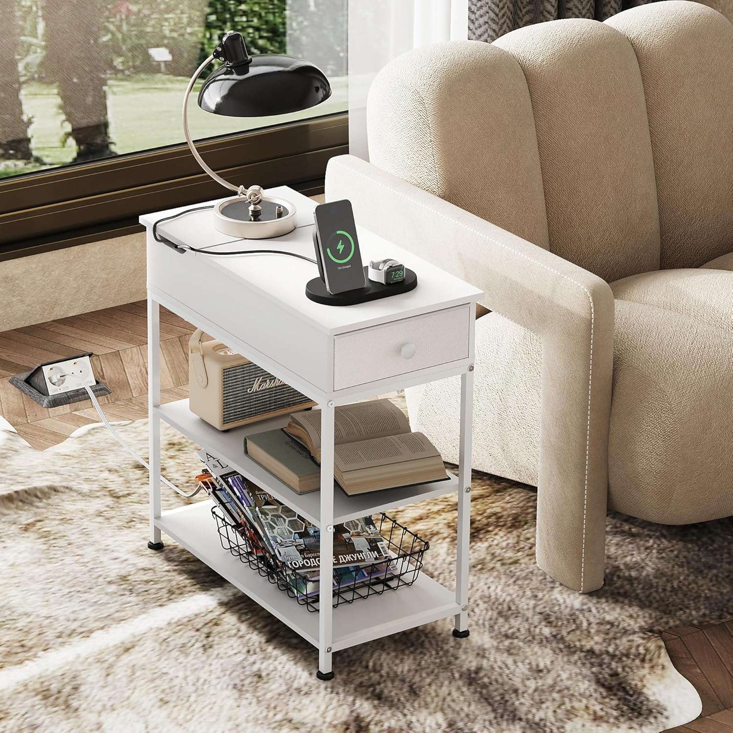 WLIVE Narrow Side Table with Charging Station, Couch Side Table for Living Room, Narrow End Table for Bedroom with Fabric Drawer, USB Ports and Power Outlets, Samll Nightstand Bedside Tables, White