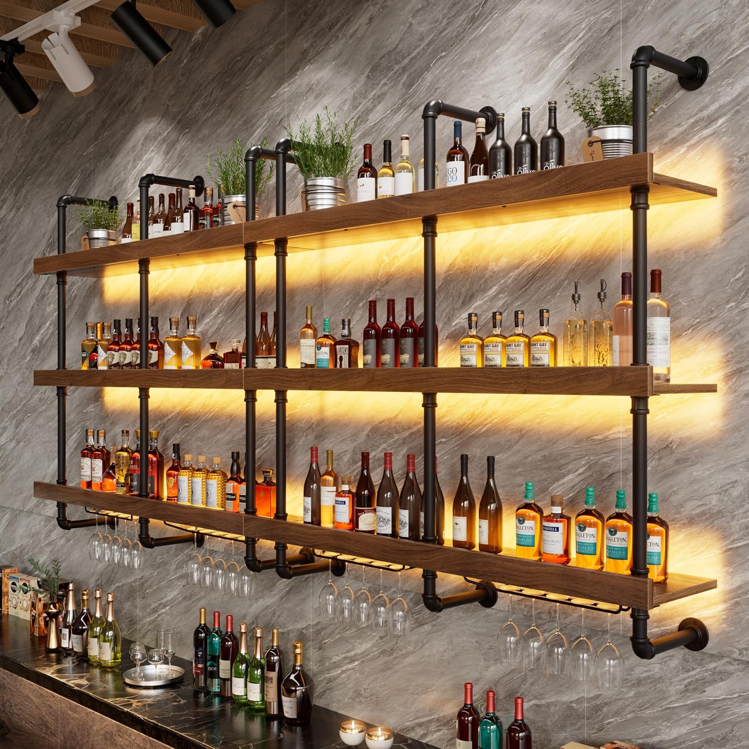 PAKASEPT 47.2” Wall Mounted Wine Rack with LED Light, Solid Wood Wall Mounted Wine Rack, 3-Tier Floating Bar Shelves with Wine Glass Rack for Home Bar Dining Room Decorative