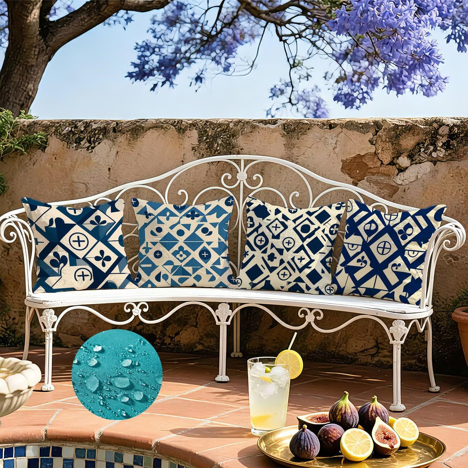 Blu Federe Cuscini Divano 50x50cm, Cuscini da Esterno Set de 4, Cod-128 | Lin Copricuscini Decorativi Letto Arredo, per Letto, Soggiorno, Giardino, Esterno, Casa Decorazione Set di 4 Geometria