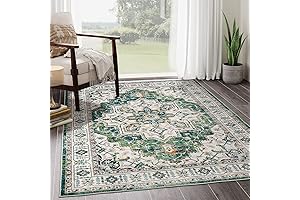 Green Accent Rug: WashableRug 5x7 Area Rug with Elegant Medallion Pattern