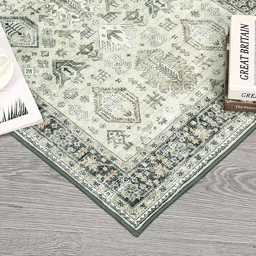 Miniatura 4 de Alfombra bohemia vintage de 8 x 10 pies, lavable, con estampado floral tribal, suave, antideslizante, no desprende pelusa, alfombra plegable para