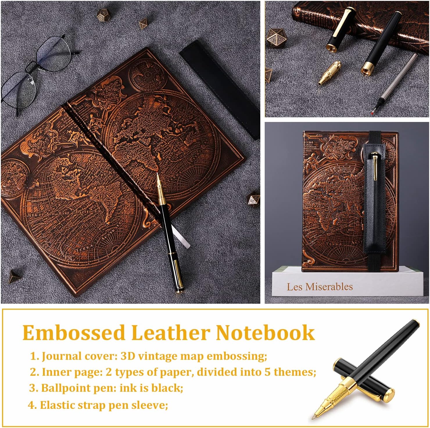 FEIDIAO Vintage Map Embossed Leather Notebook Travel Journal,A5 Writing Journal,Diary Notebook, Antique Handmade,Lined Hardcover,with Black Ballpoint Pen and Pen Sleeve,Writing Gift(Red Copper) - Image 4