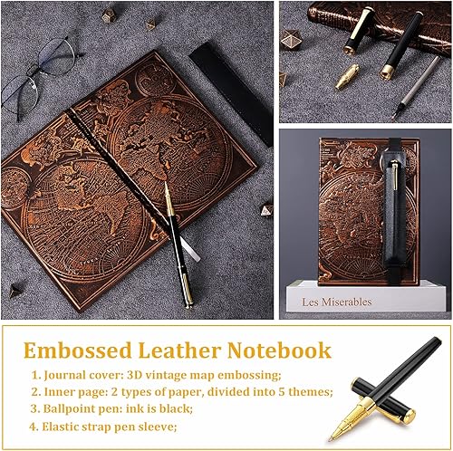 Miniatura 4 de FEIDIAO Cuaderno de viaje de cuero con relieve de mapa vintage, diario de escritura A5, cuaderno de diario, hecho a mano antiguo, tapa dura rayado,