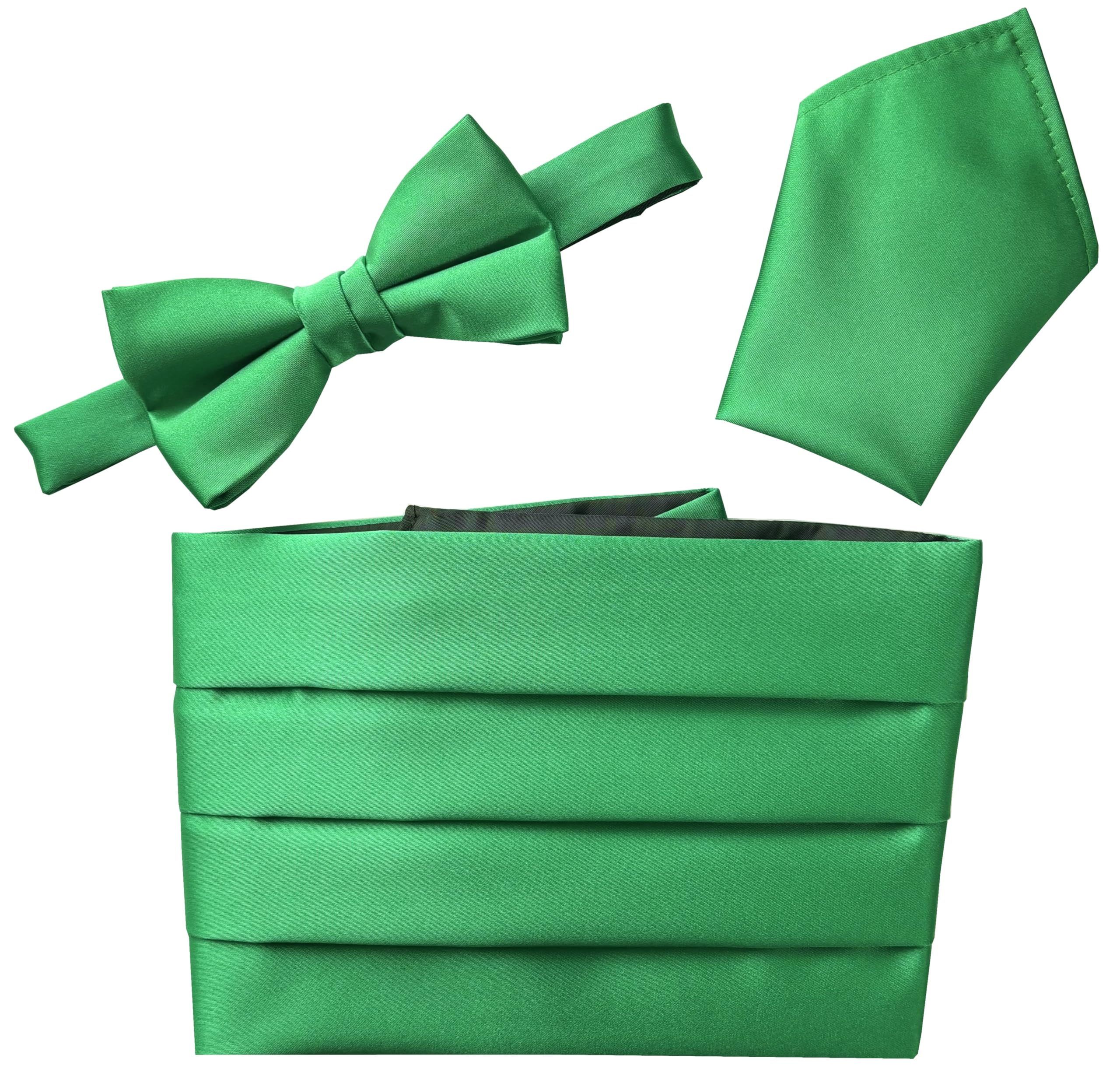 Great British Tie Club Men's Emerald Green Satin Cummerbund Set (Includes Bow Tie & Hanky) St Patrick's Day