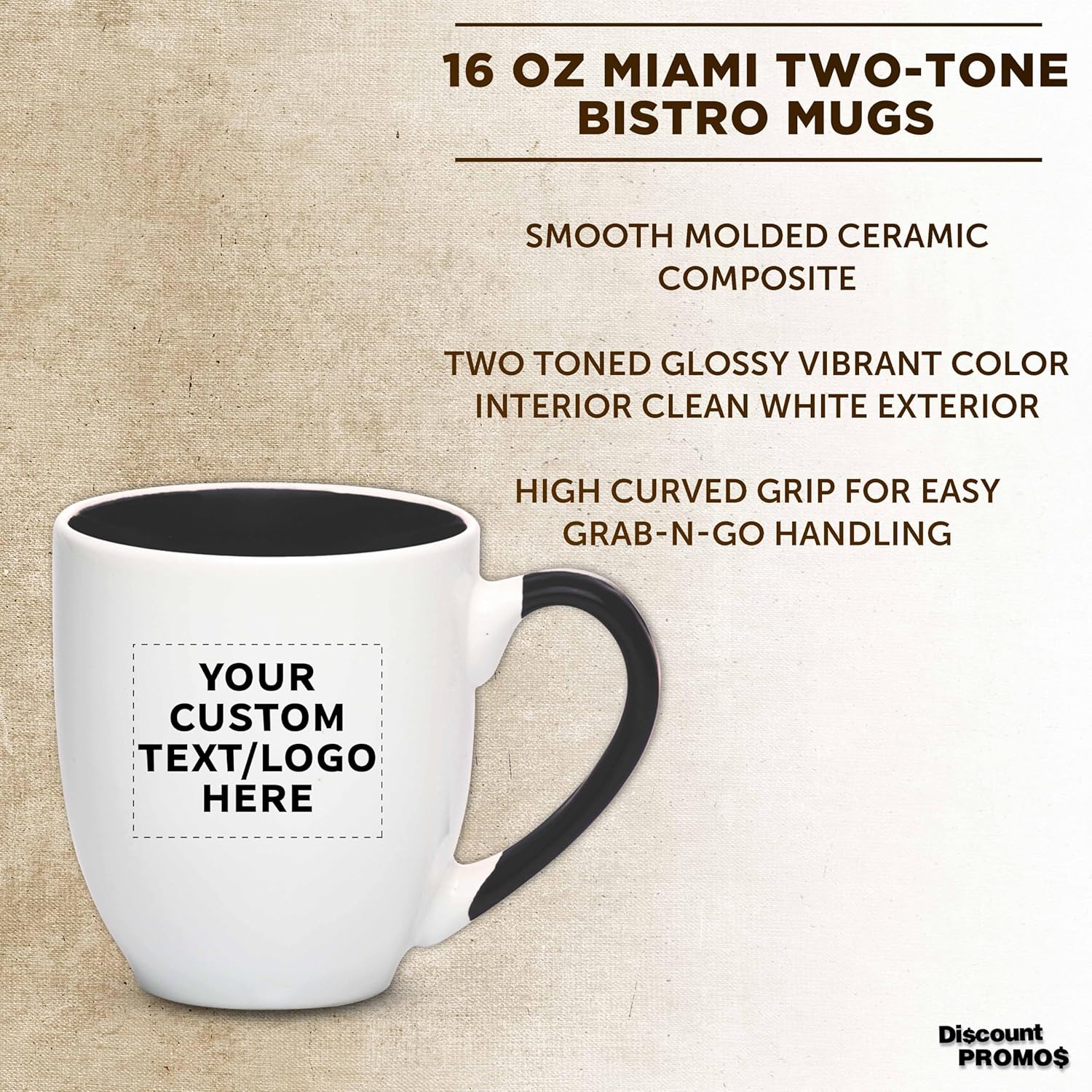 Custom Bistro Style Large Coffee Mugs 16 oz. Set of 10/50/100, Personalized Bulk Pack - Perfect for Coffee, Tea, Espresso, Hot Cocoa, Other Beverages - Black