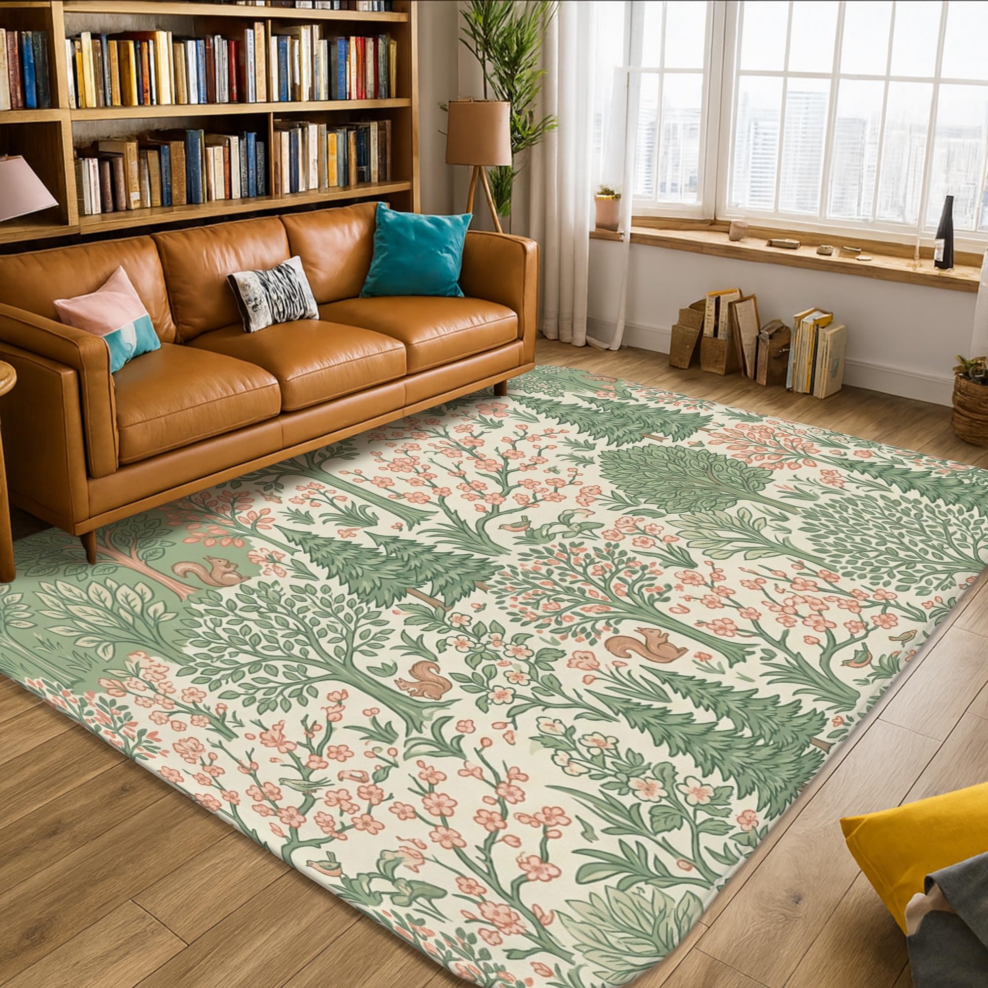 Alfombra de área floral, hojas botánicas naturales, árboles, primavera, verde, esponja, pelo bajo, suave, rectangular, resistente a las manchas, para sala de estar, dormitorio, debajo de la mesa