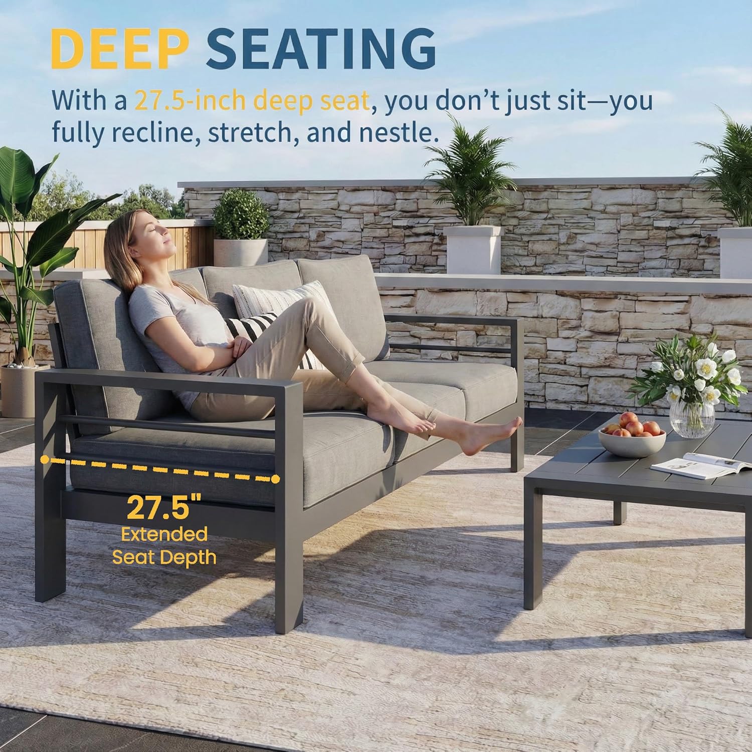 Solaste Aluminum Patio Furniture Set for All Weather, Oversized Metal Outdoor Furniture Set with 27.5" Deep Seating and 3.2" Wide Armrest, Outdoor Patio Conversation Sets with 10" Back Cushion, Gray