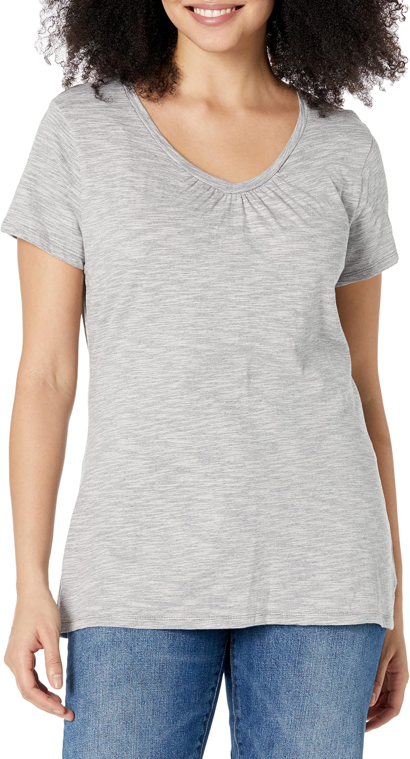 Women's Shirts, Slub Cotton Shirred V-Neck Tee, Cotton T-Shirts for Women, Women’s Tee Shirts