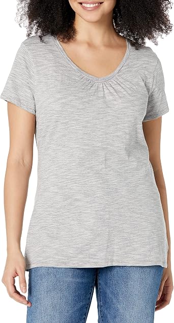 Hanes Womens Shirts, Slub Cotton Shirred V-Neck Tee, Cotton T-Shirts for Women, Womens Tee Shirts