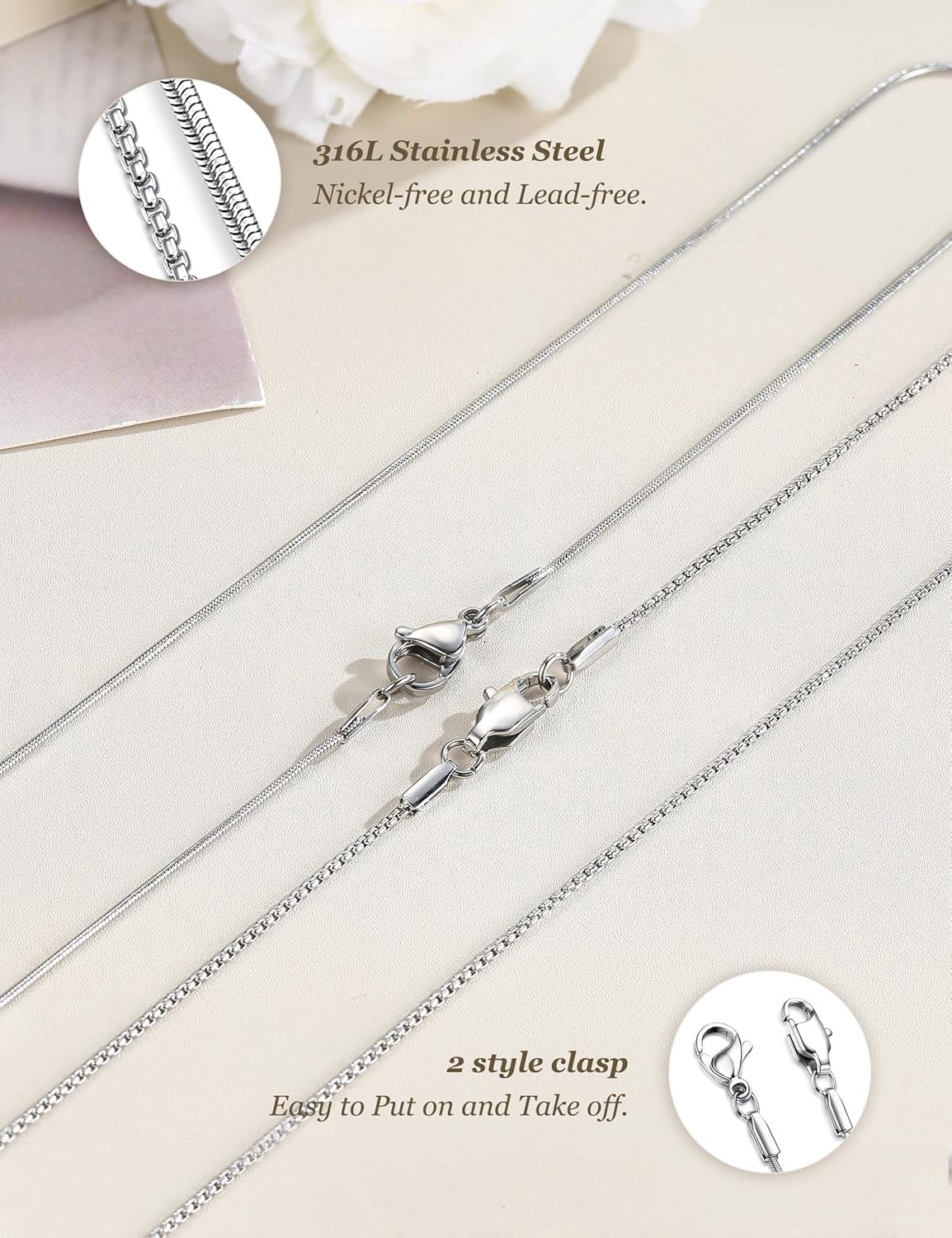 LOLIAS 2Pcs Stainless Steel Chain Necklace for Women - 1mm Thin & Strong Silver Chain Necklace - Hypoallergenic Snake Box Necklace, 16 18 20 22 24 28 30 Inch - Image 3