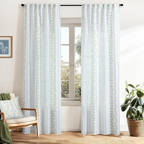 Light Blue Green Floral Vintage Curtains, Cute Whimsical Shabby Chic Curtain for Living Room Bedroom, Block Print Pattern Linen Sheer French Country Cottage Core Curtains