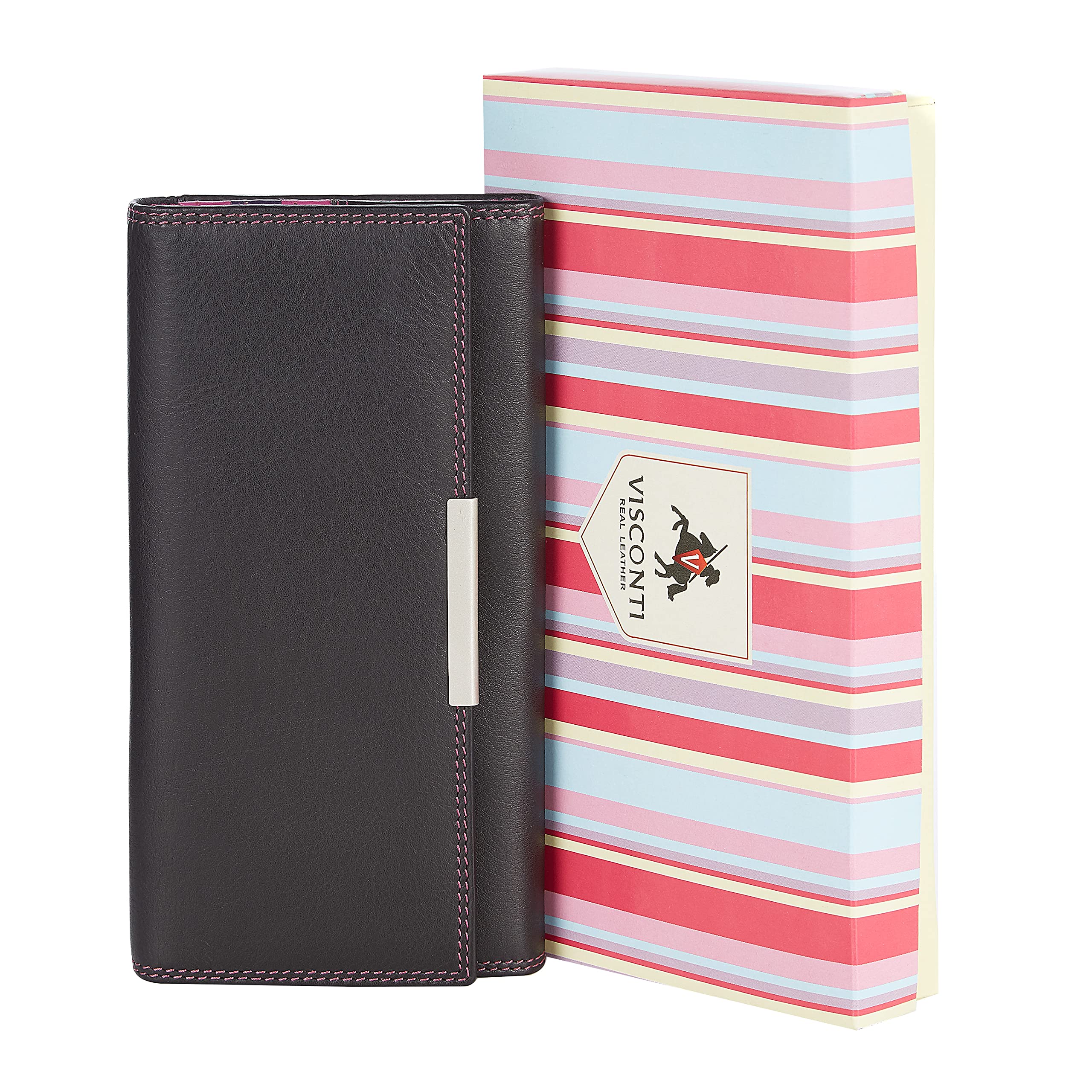 Visconti Portafoglio Donna 100% Vera Pelle - Protezione RFID - XL 18 x 9 cm - Portafoglio con Bottone Automatico per Extra Sicurezza Portafoglio Bifold con Confezione Regalo 'Rio' - Nero/Viola