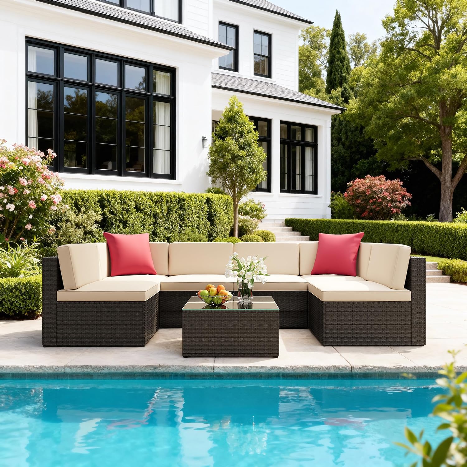 JUMMICO 7 Piece Patio Furniture Sets Outdoor Patio Conversation Sectional Set with PE Rattan Wicker Sofas & Glass Coffee Table All-Weather Porch Furniture for Garden, Backyard, Poolside