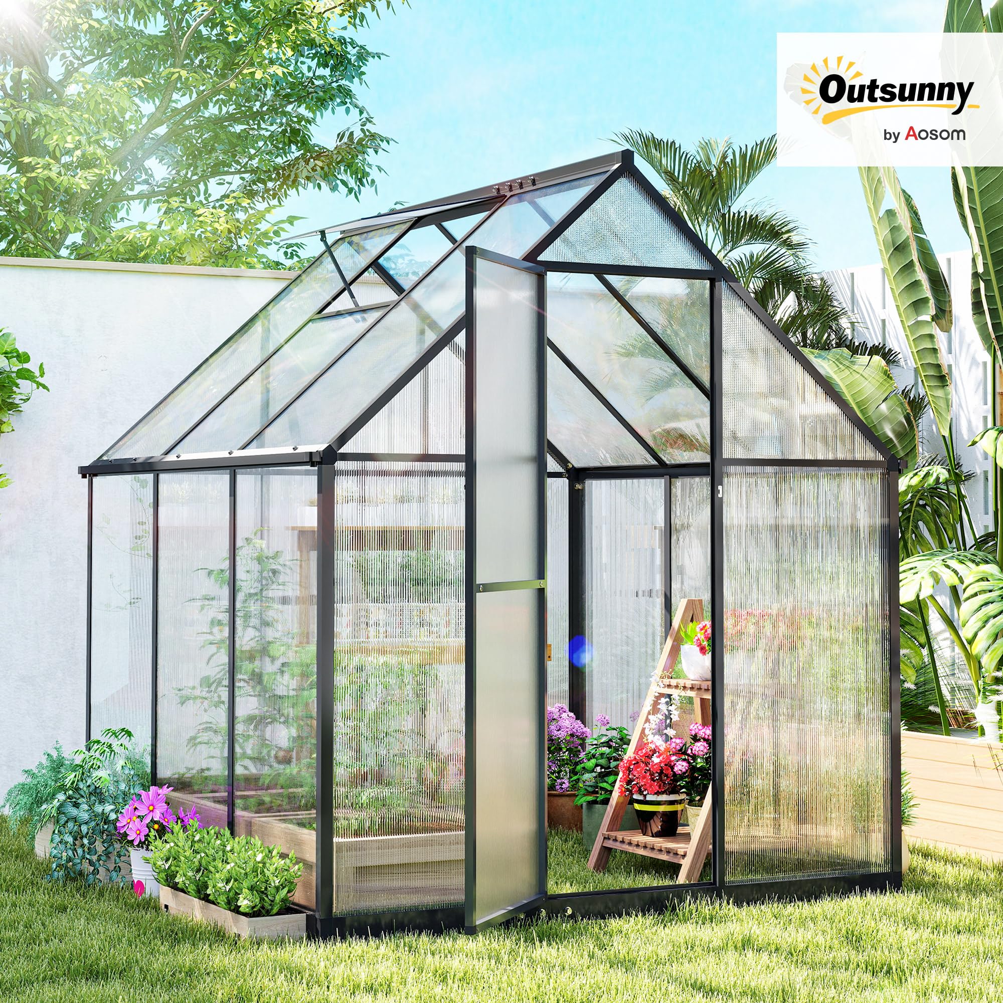 Outsunny Serre de Jardin en Aluminium Polycarbonate 3 ㎡ 178x168cm, Serre avec fenêtre réglable Porte battante, abri extérieur résistant aux intempéries pour Plante Fleur Potager semis, Transparent